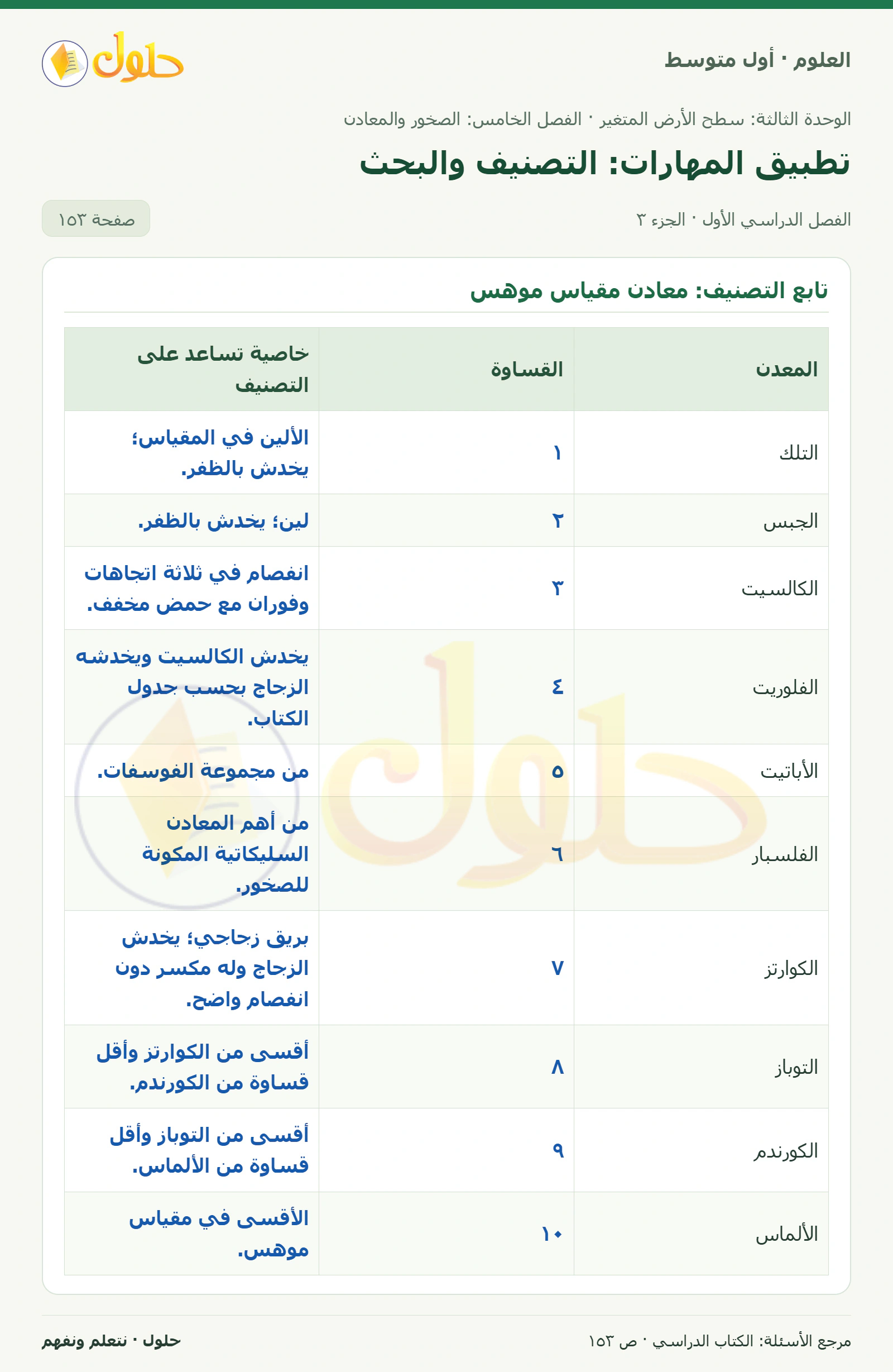 حل علوم الصف الأول المتوسط صفحة 153 الجزء 3