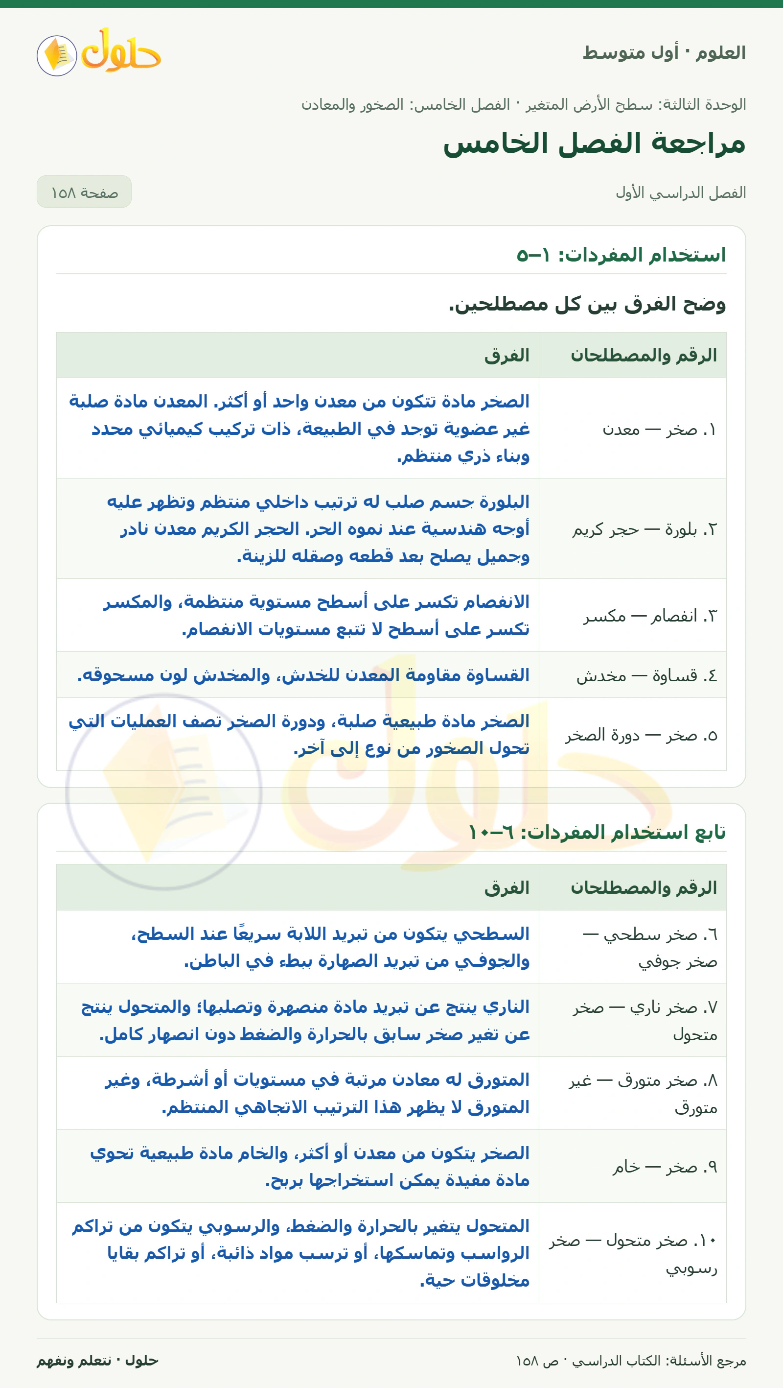 حل علوم الصف الأول المتوسط صفحة 158 الجزء 1