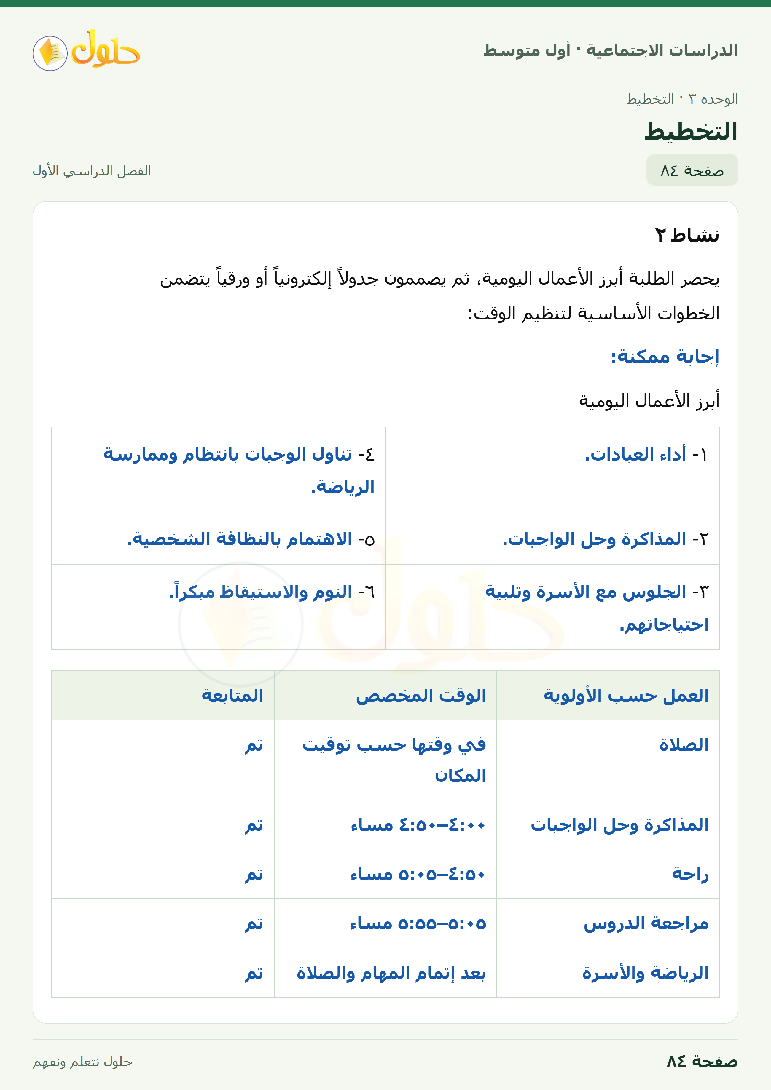 حل الدراسات الاجتماعية للصف الأول المتوسط صفحة 84 الجزء 1