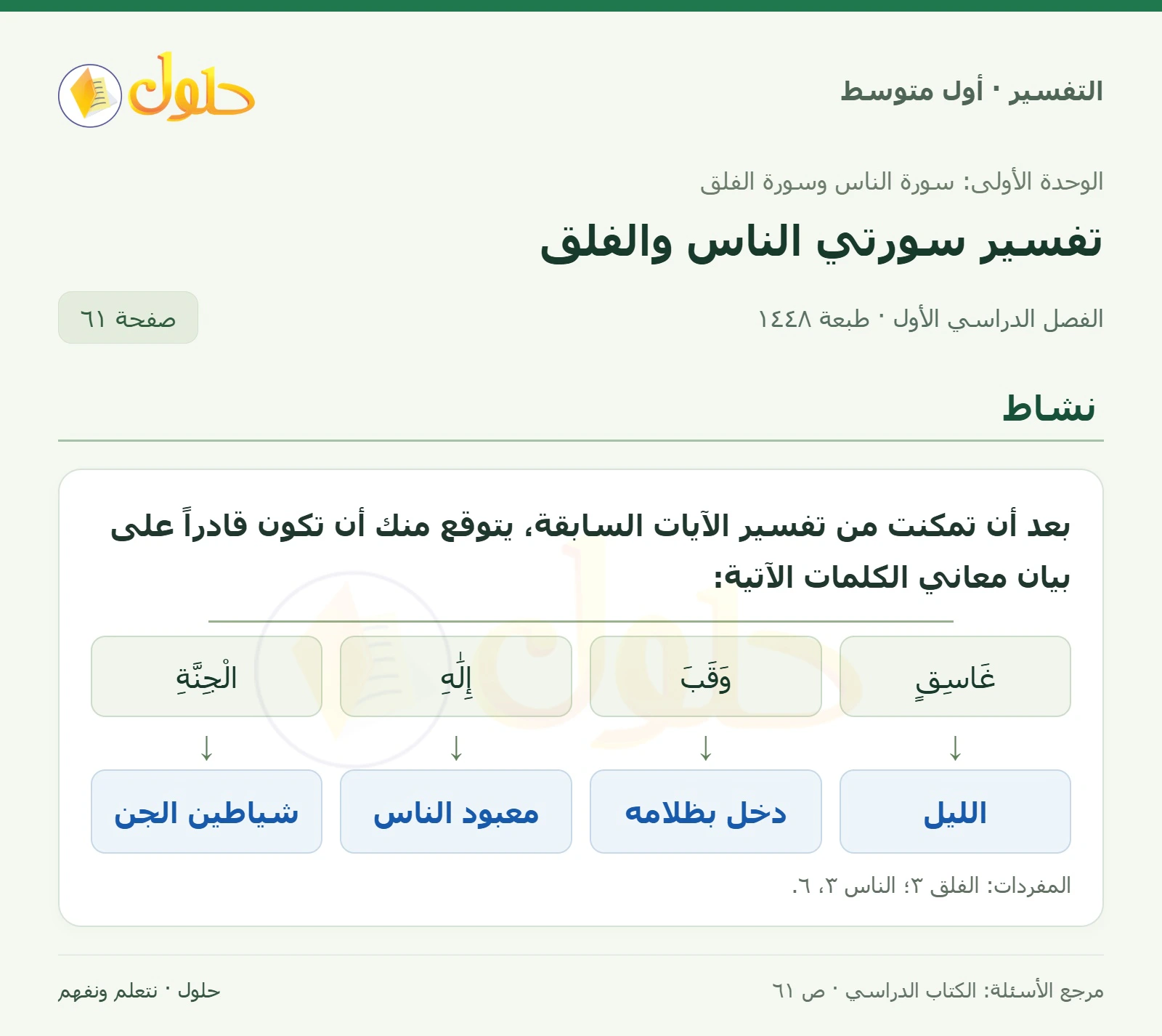 حل التفسير للصف الأول المتوسط، الفصل الدراسي الأول، صفحة ٦١، الجزء ١