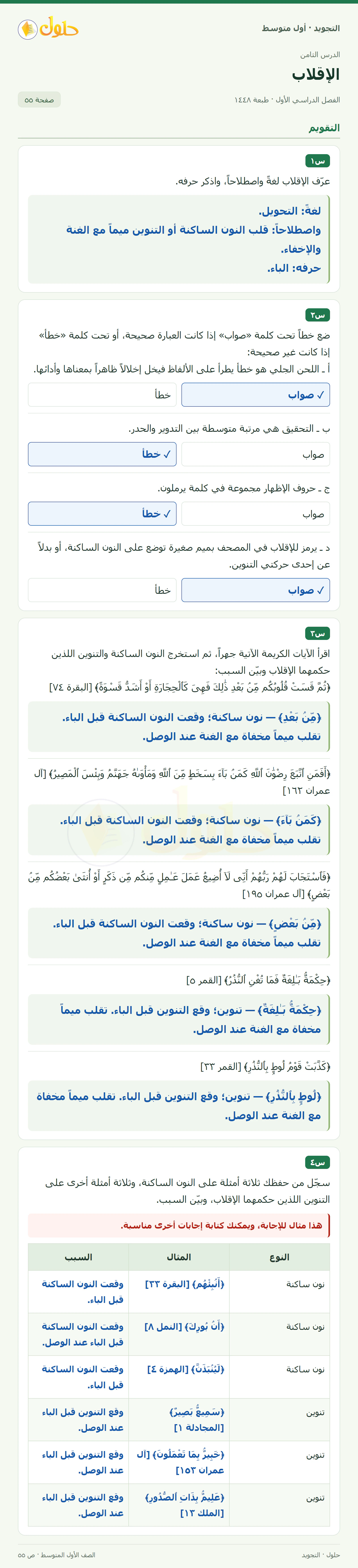 حل التجويد للصف الأول المتوسط، الفصل الدراسي الأول، الإقلاب، صفحة ٥٥، الجزء ١