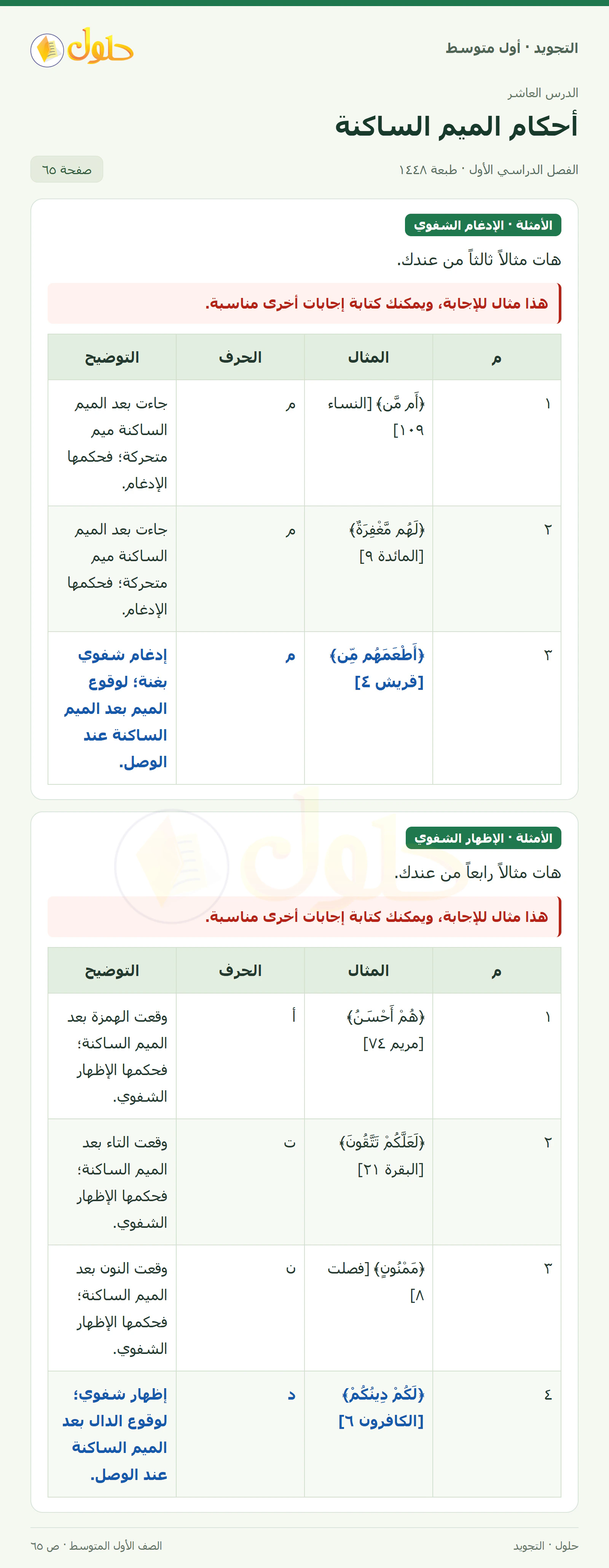 حل التجويد للصف الأول المتوسط، الفصل الدراسي الأول، أحكام الميم الساكنة، صفحة ٦٥، الجزء ١