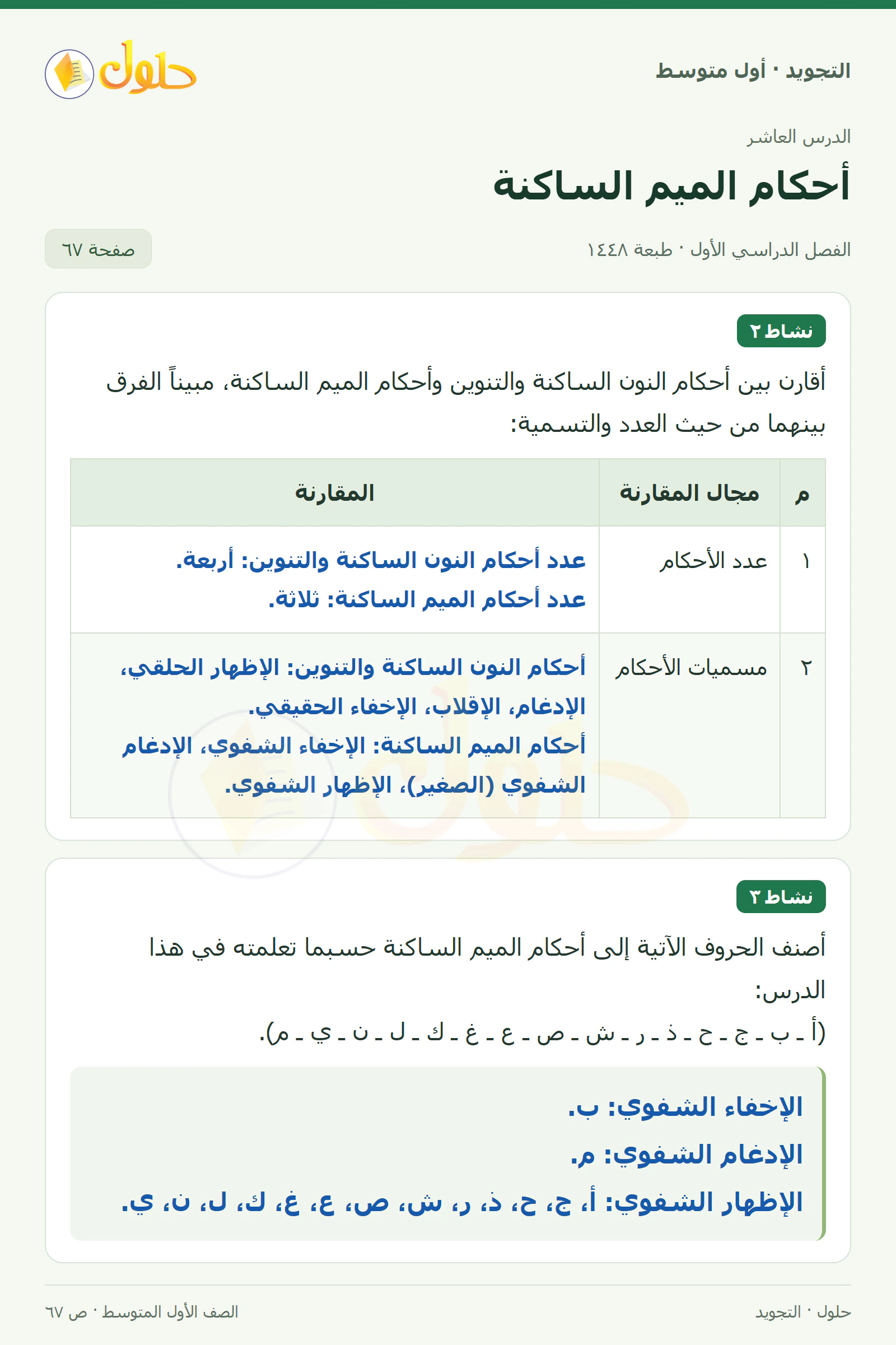 حل التجويد للصف الأول المتوسط، الفصل الدراسي الأول، أحكام الميم الساكنة، صفحة ٦٧، الجزء ١