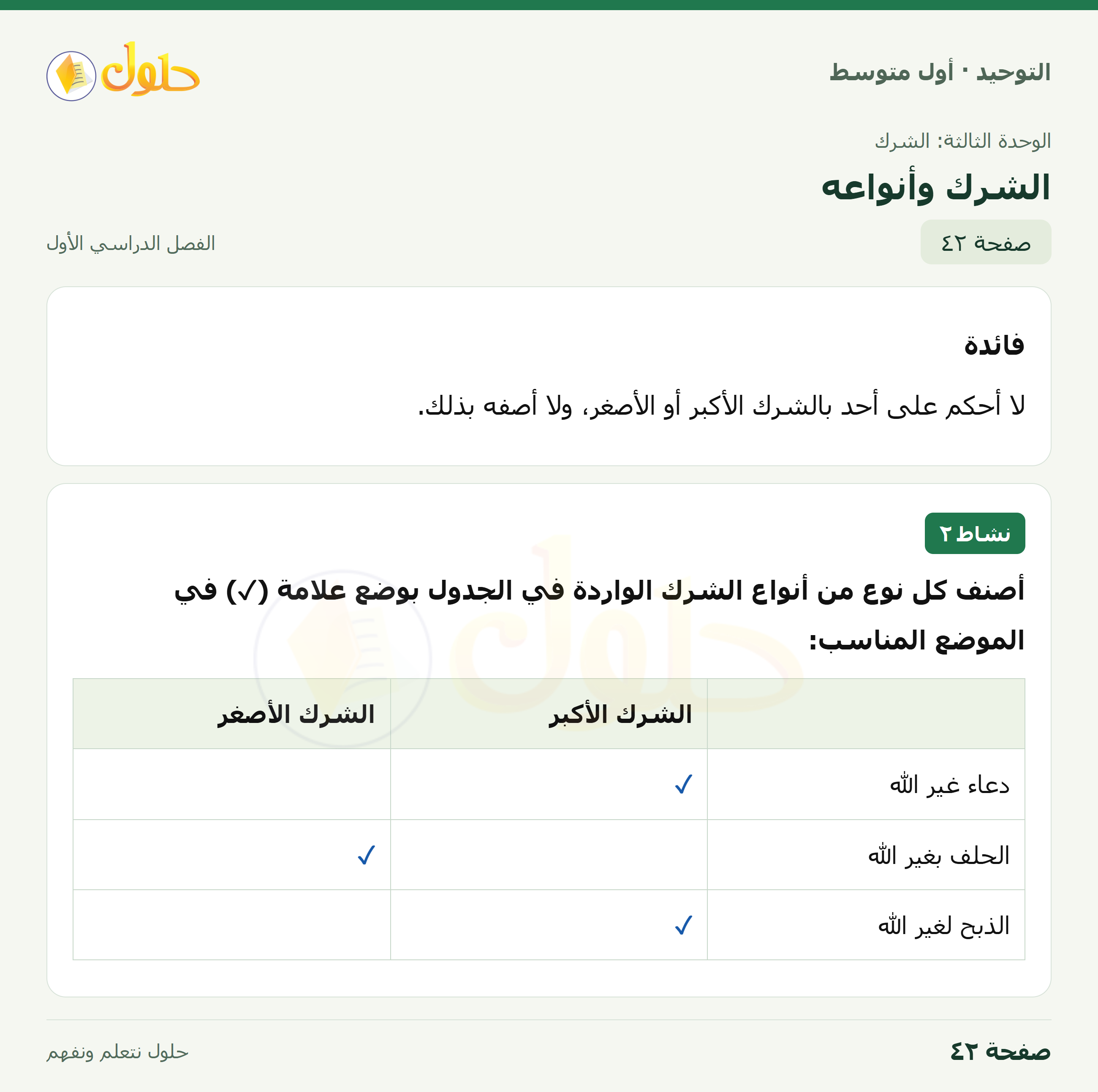 حل نشاط ٢ في التوحيد للصف الأول المتوسط، الفصل الدراسي الأول، صفحة ٤٢