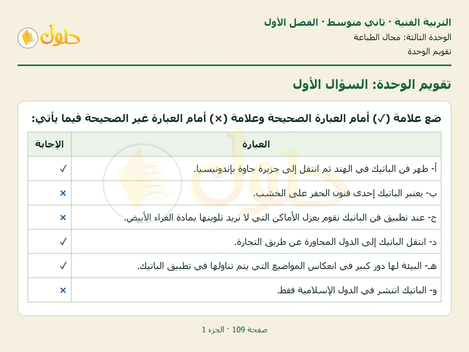 حل التربية الفنية للصف الثاني المتوسط صفحة 109 الجزء 1