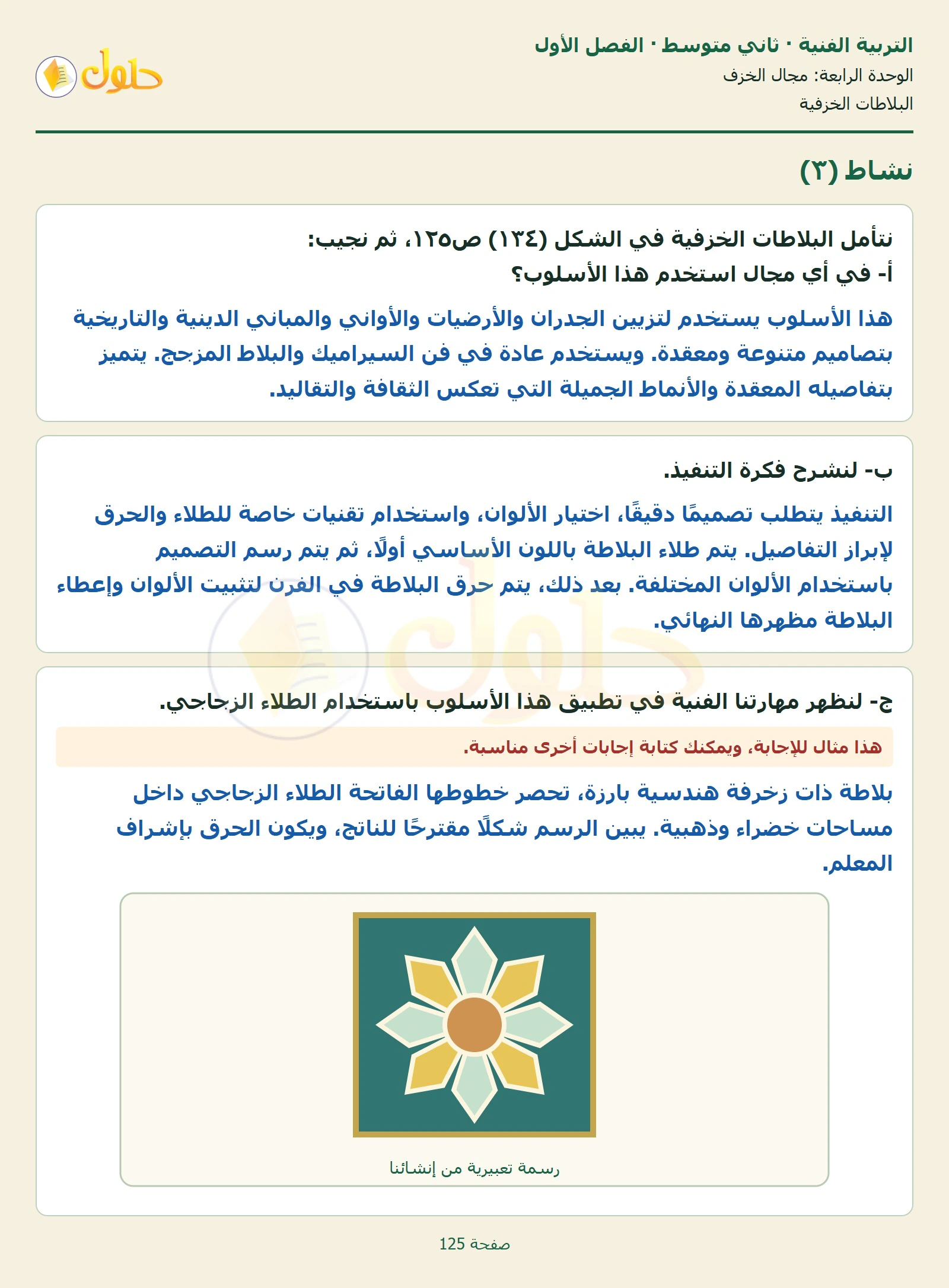 حل التربية الفنية للصف الثاني المتوسط صفحة 125 الجزء 1