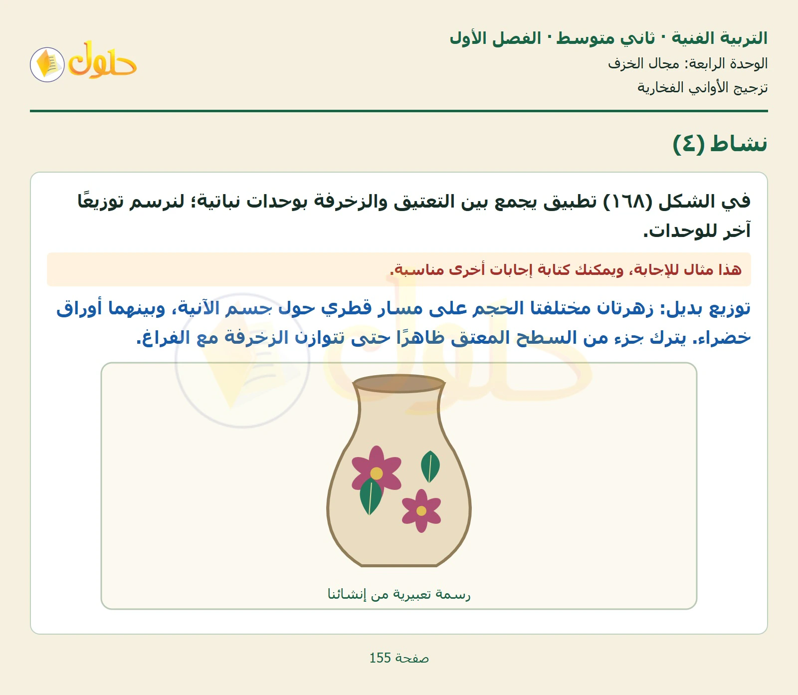 حل التربية الفنية للصف الثاني المتوسط صفحة 155 الجزء 1