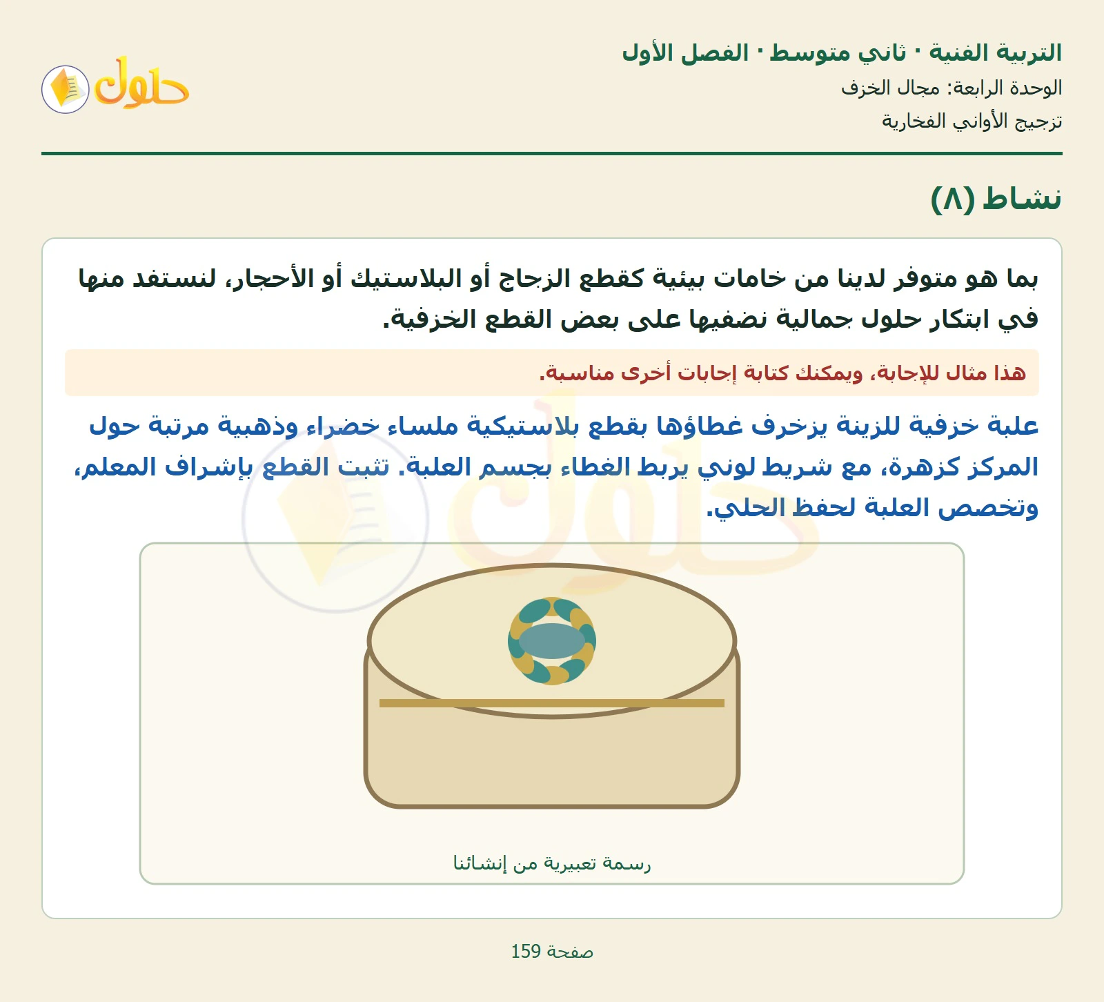 حل التربية الفنية للصف الثاني المتوسط صفحة 159 الجزء 1