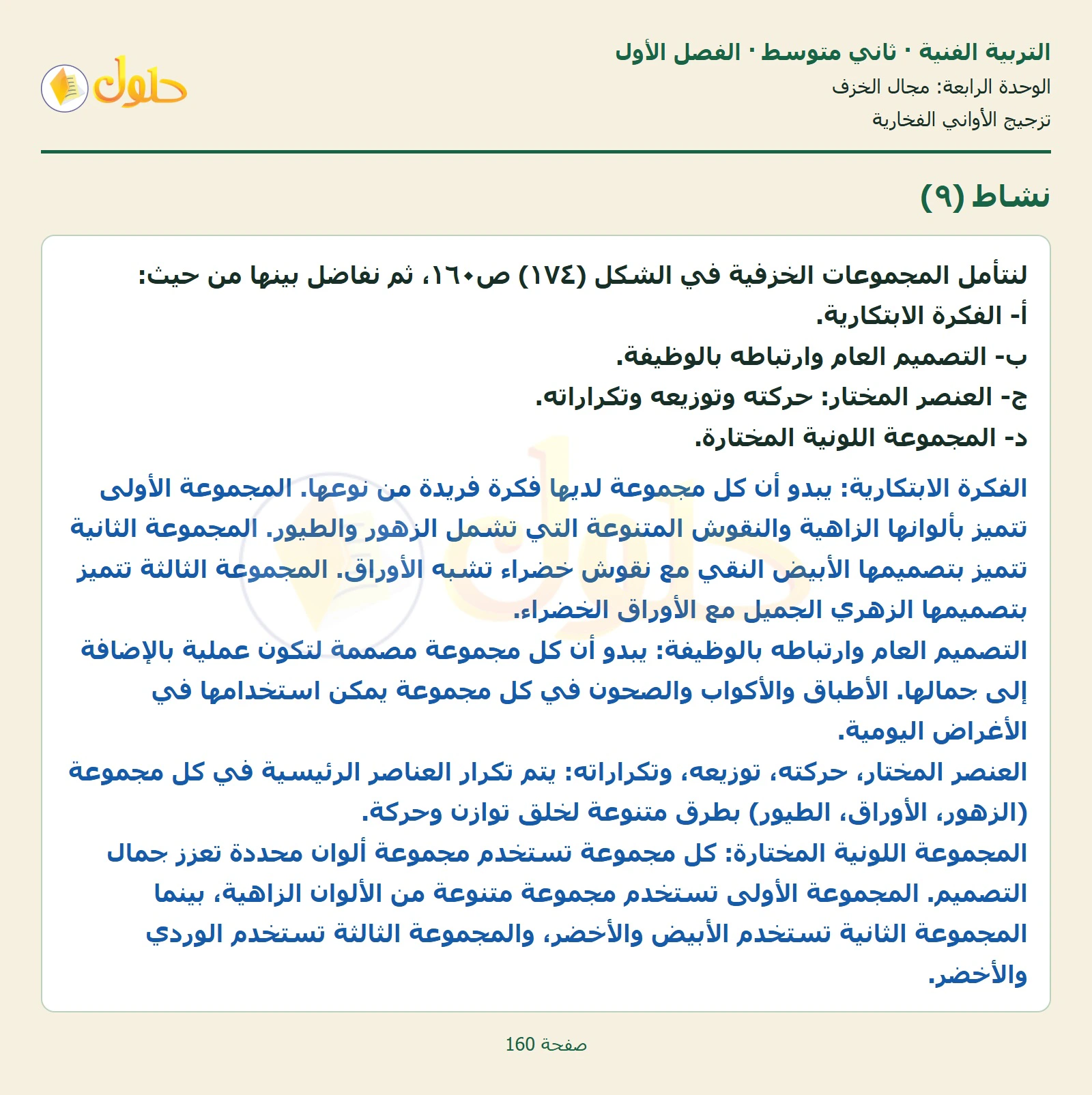 حل التربية الفنية للصف الثاني المتوسط صفحة 160 الجزء 1