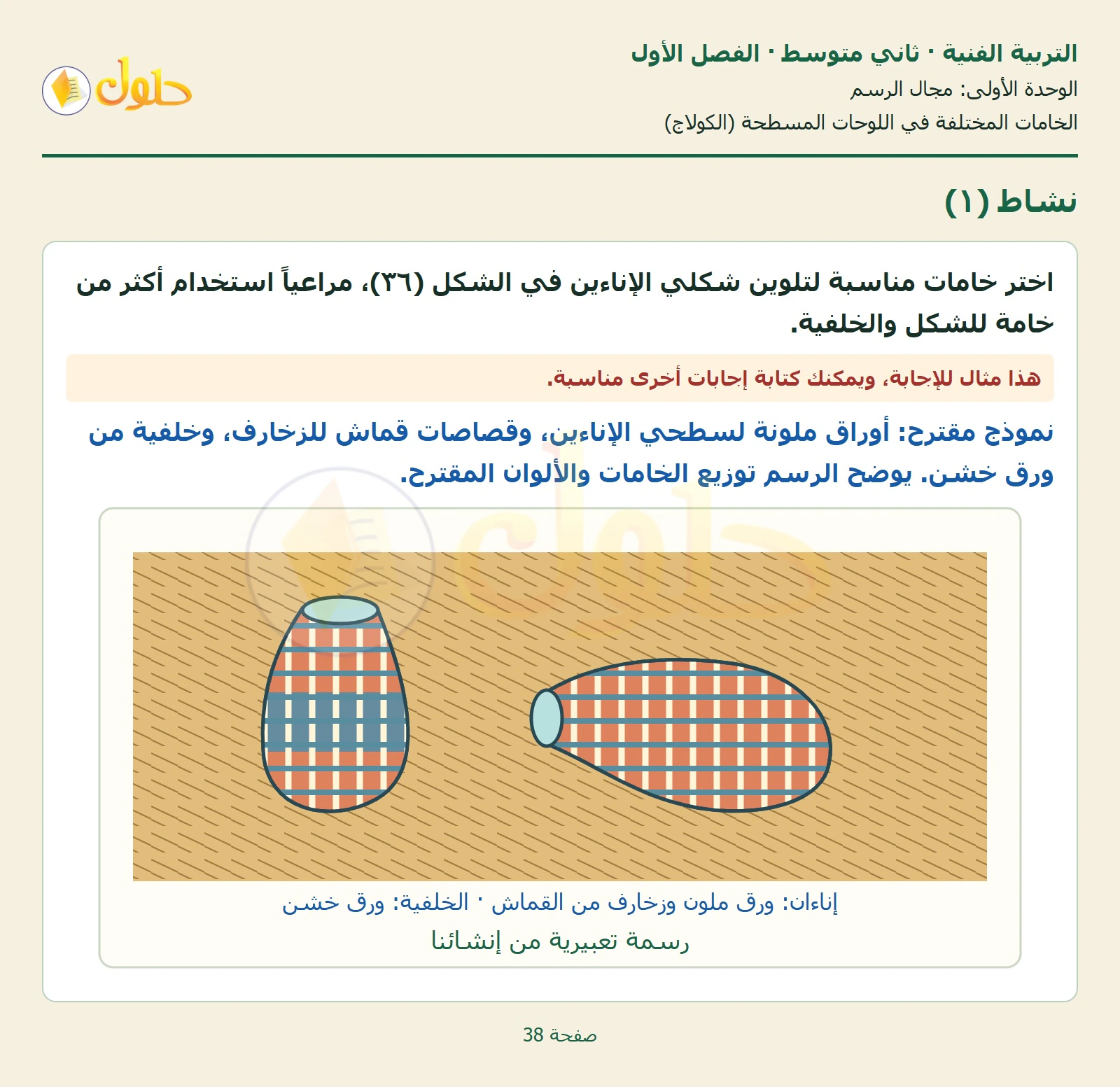 حل التربية الفنية للصف الثاني المتوسط صفحة 38 الجزء 1