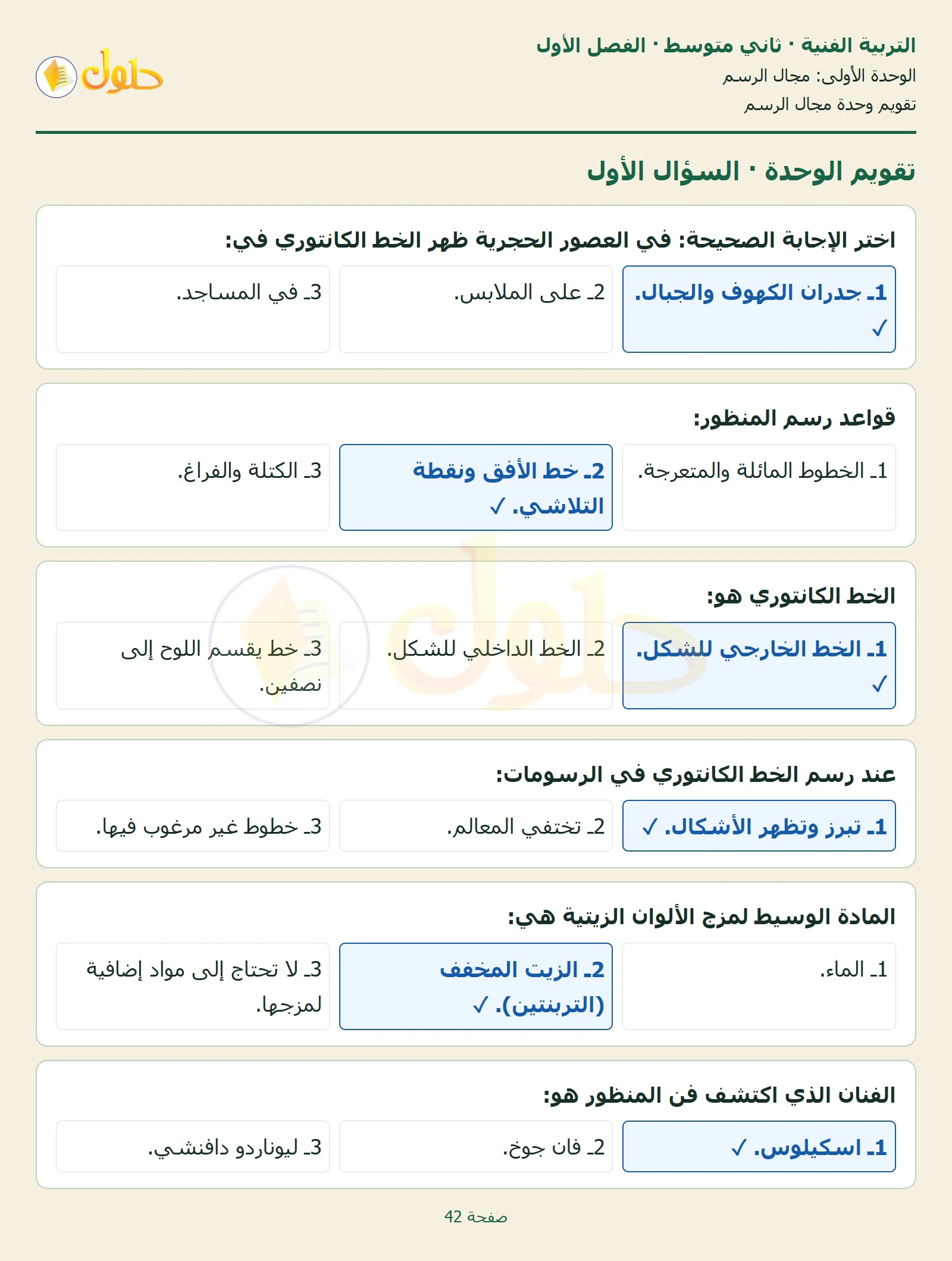 حل التربية الفنية للصف الثاني المتوسط صفحة 42 الجزء 1