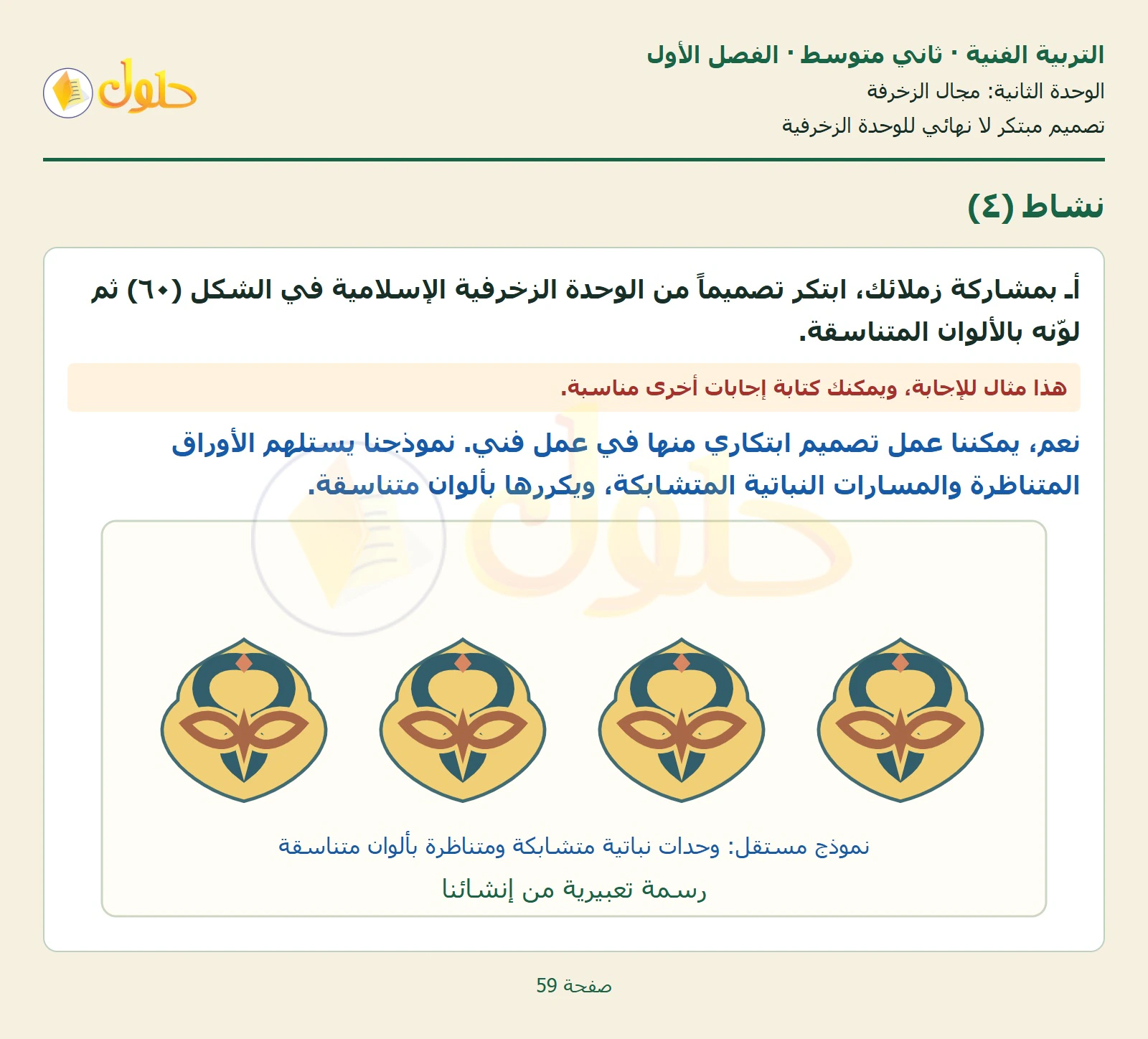 حل التربية الفنية للصف الثاني المتوسط صفحة 59 الجزء 1