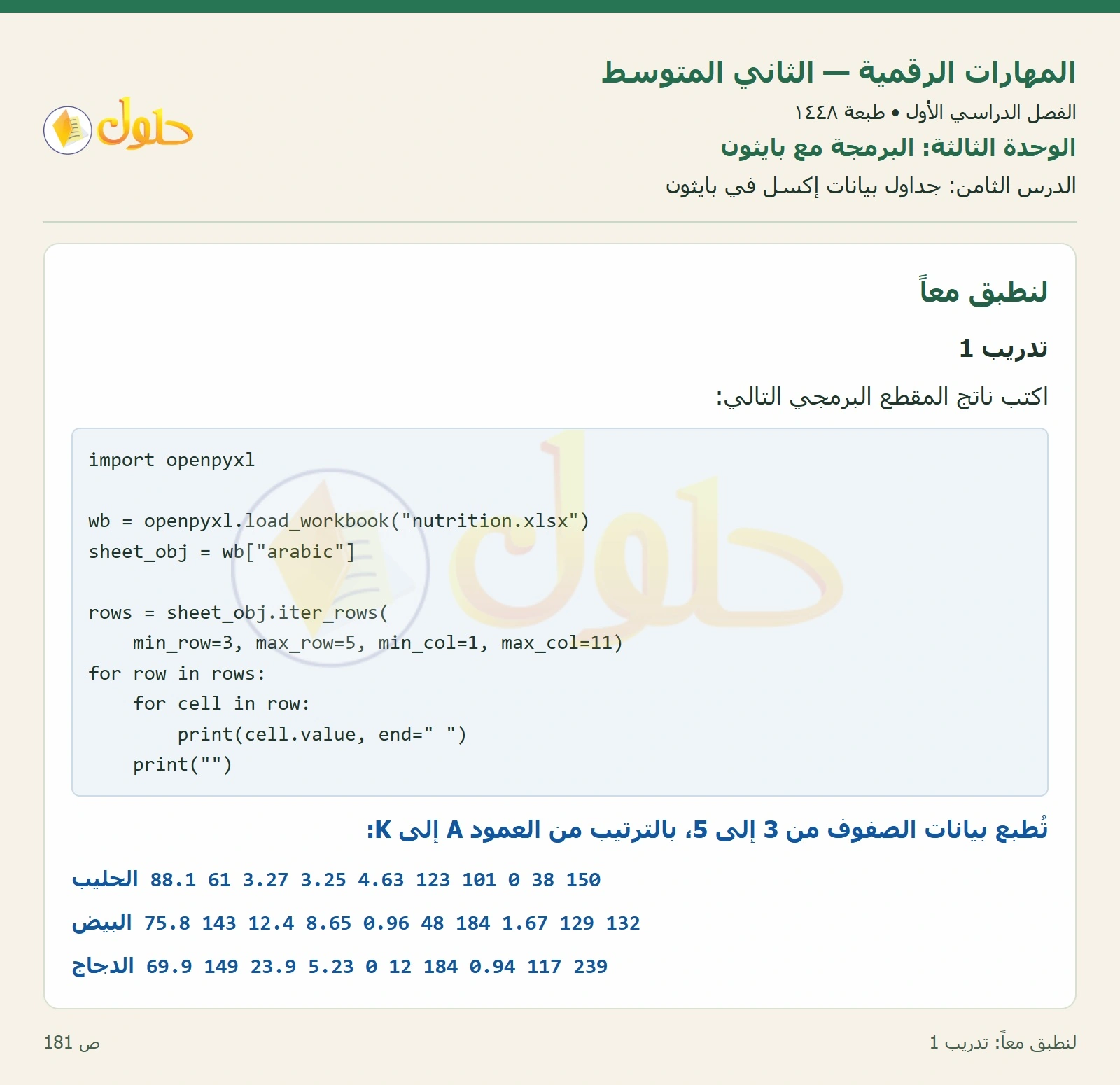 حل المهارات الرقمية للصف الثاني المتوسط صفحة ١٨١