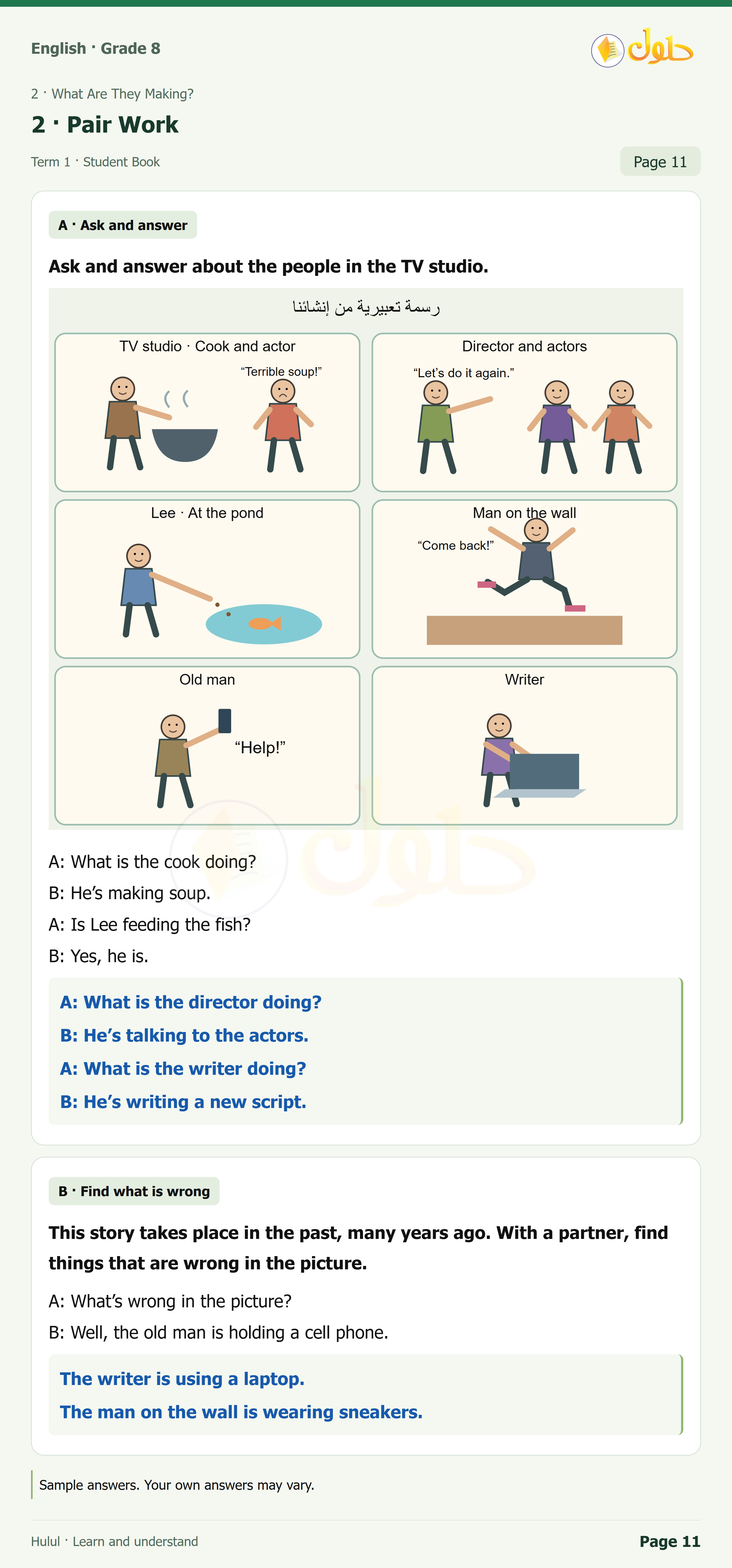 اللغة الإنجليزية للصف الثاني المتوسط، صفحة 11، الجزء 1: Ask and answer about the people in | This story takes place in the past, many