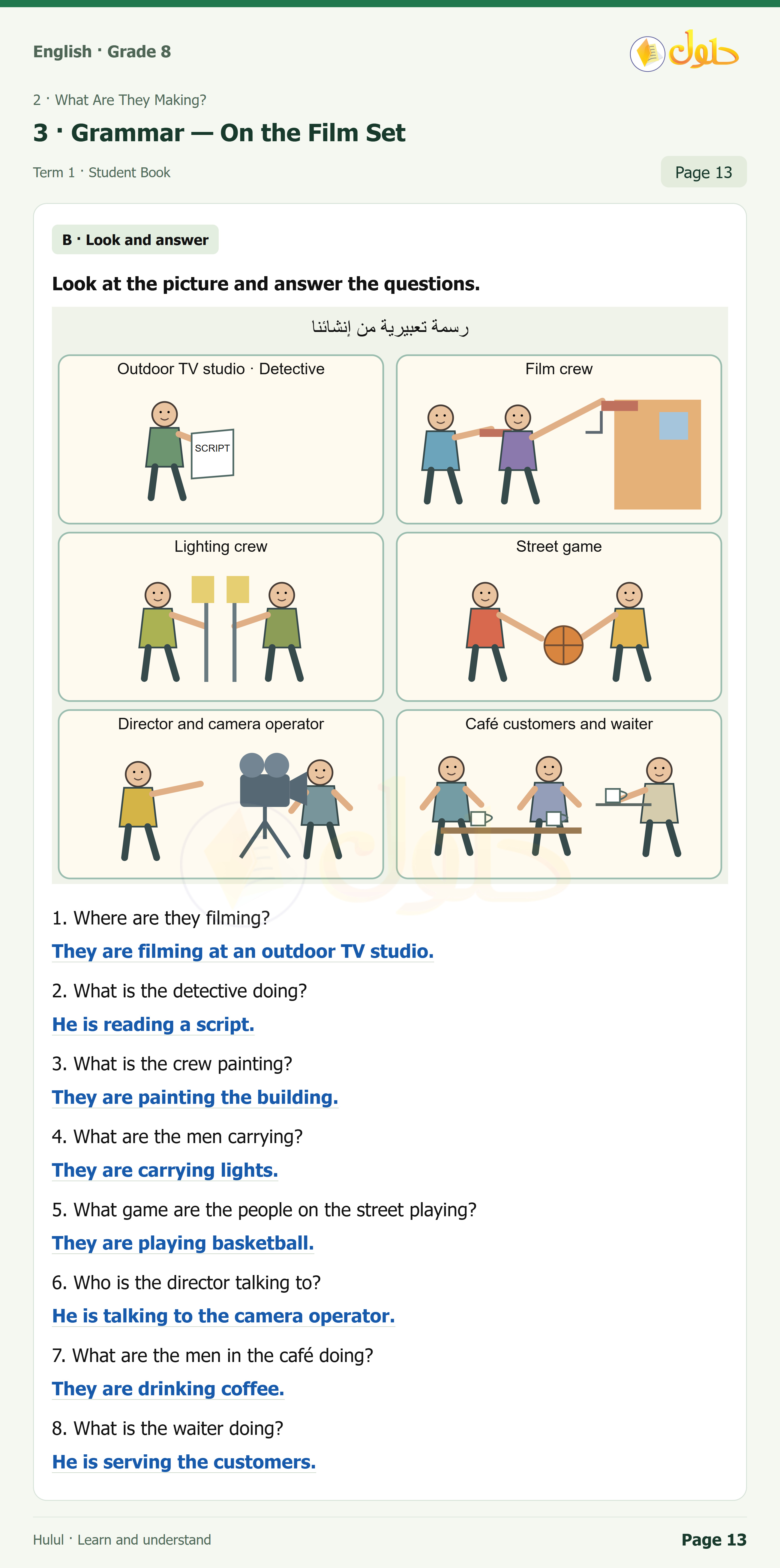 اللغة الإنجليزية للصف الثاني المتوسط، صفحة 13، الجزء 1: B — Look at the picture, and answer the questions. | Listen for the requested information