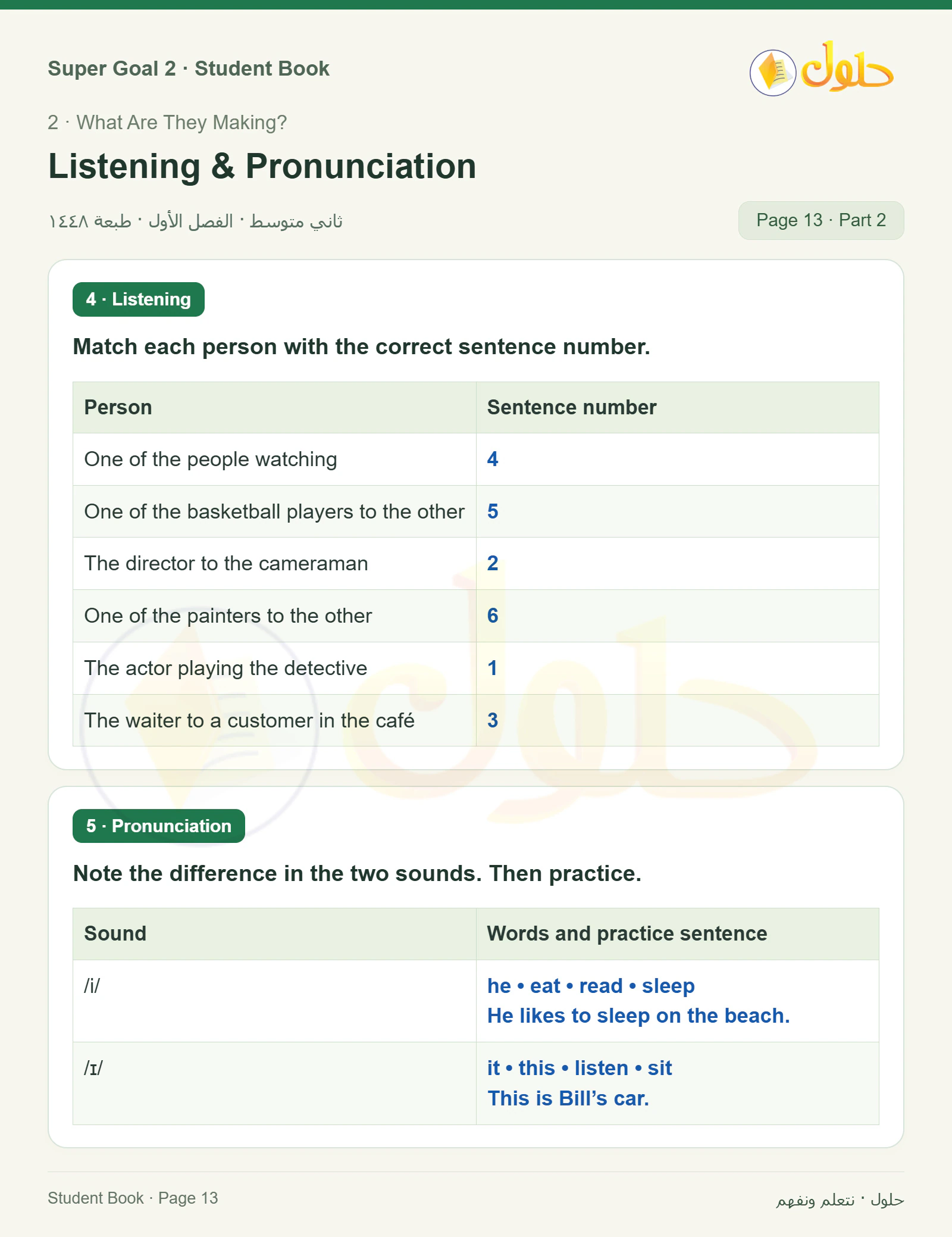 اللغة الإنجليزية للصف الثاني المتوسط، صفحة 13، الجزء 2: B — Look at the picture, and answer the questions. | Listen for the requested information
