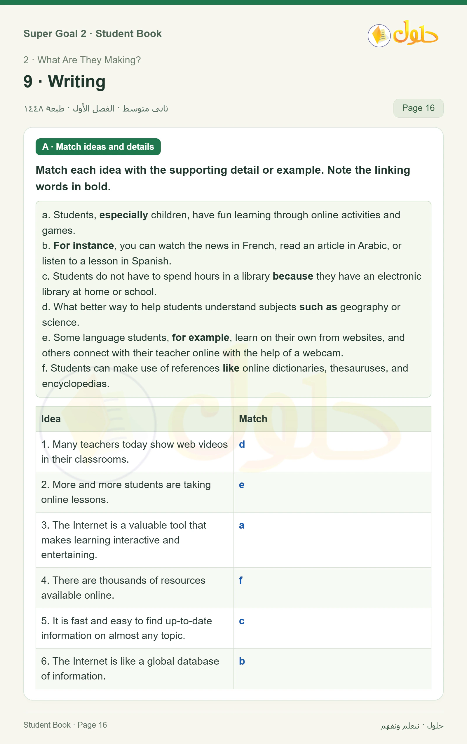 اللغة الإنجليزية للصف الثاني المتوسط، صفحة 16، الجزء 1: A — Match each idea on the left with the supporting detail or example. Note how the words in | Connect ideas to supporting details and examples with linking words and phrases | How is the Internet useful for students? Write your ideas in the chart. Then, think of details or