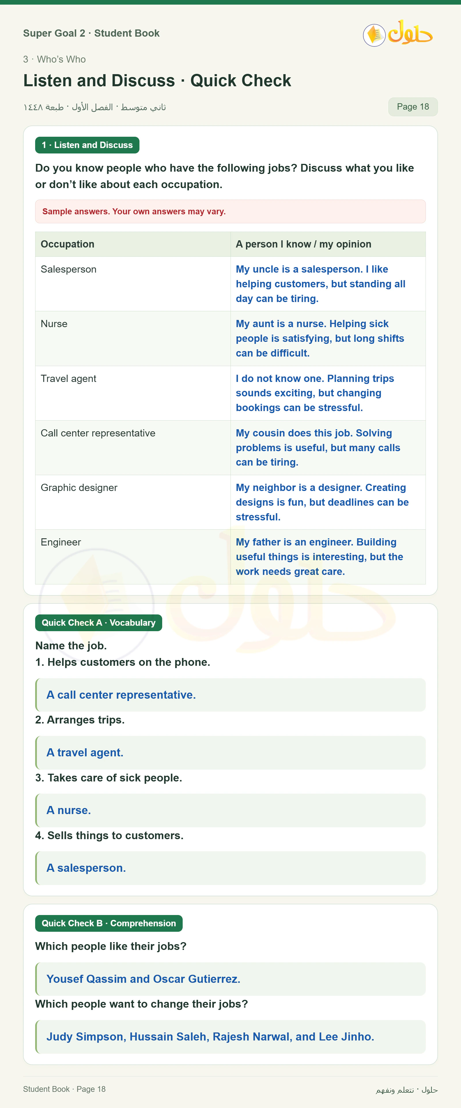 اللغة الإنجليزية للصف الثاني المتوسط، صفحة 18، الجزء 1: A — Vocabulary. Name the job.