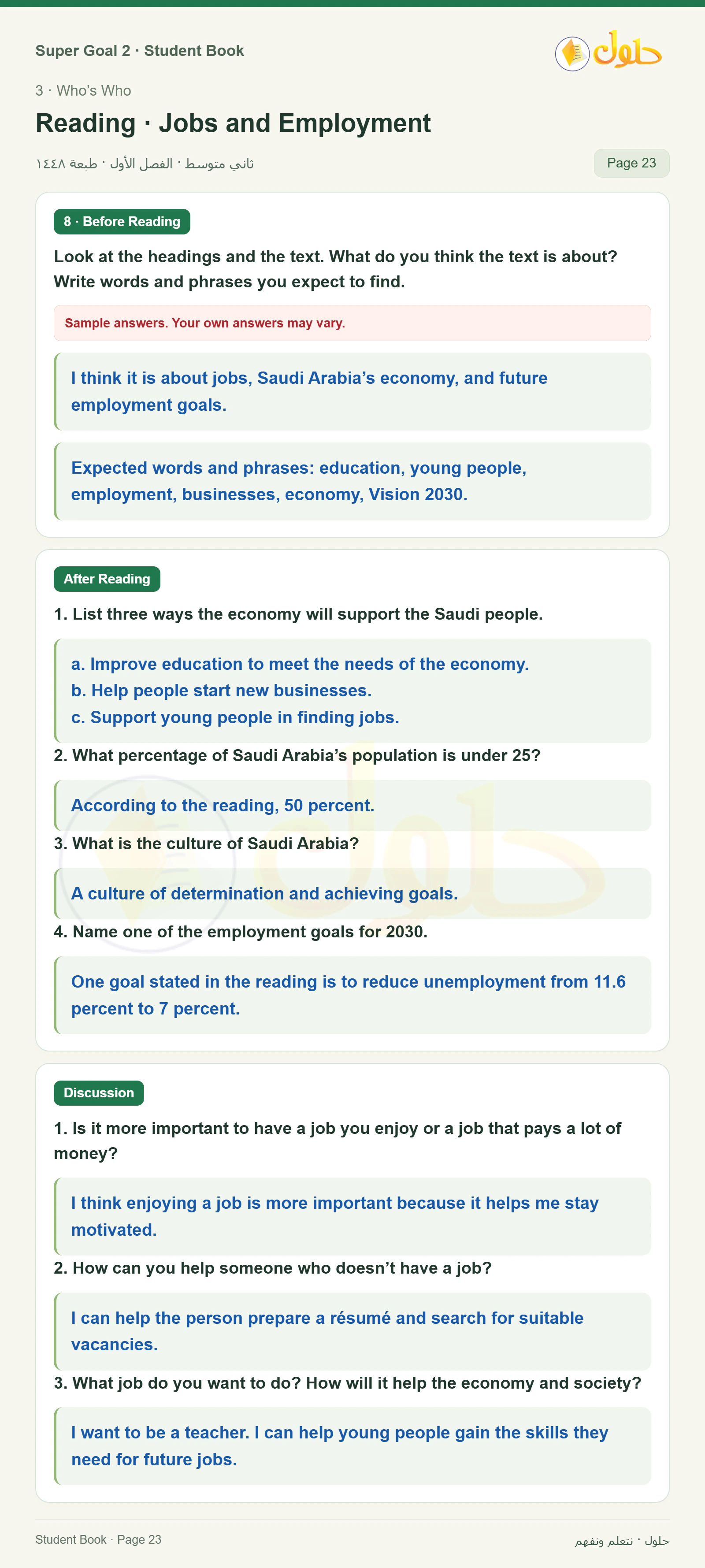 اللغة الإنجليزية للصف الثاني المتوسط، صفحة 23، الجزء 1: After Reading