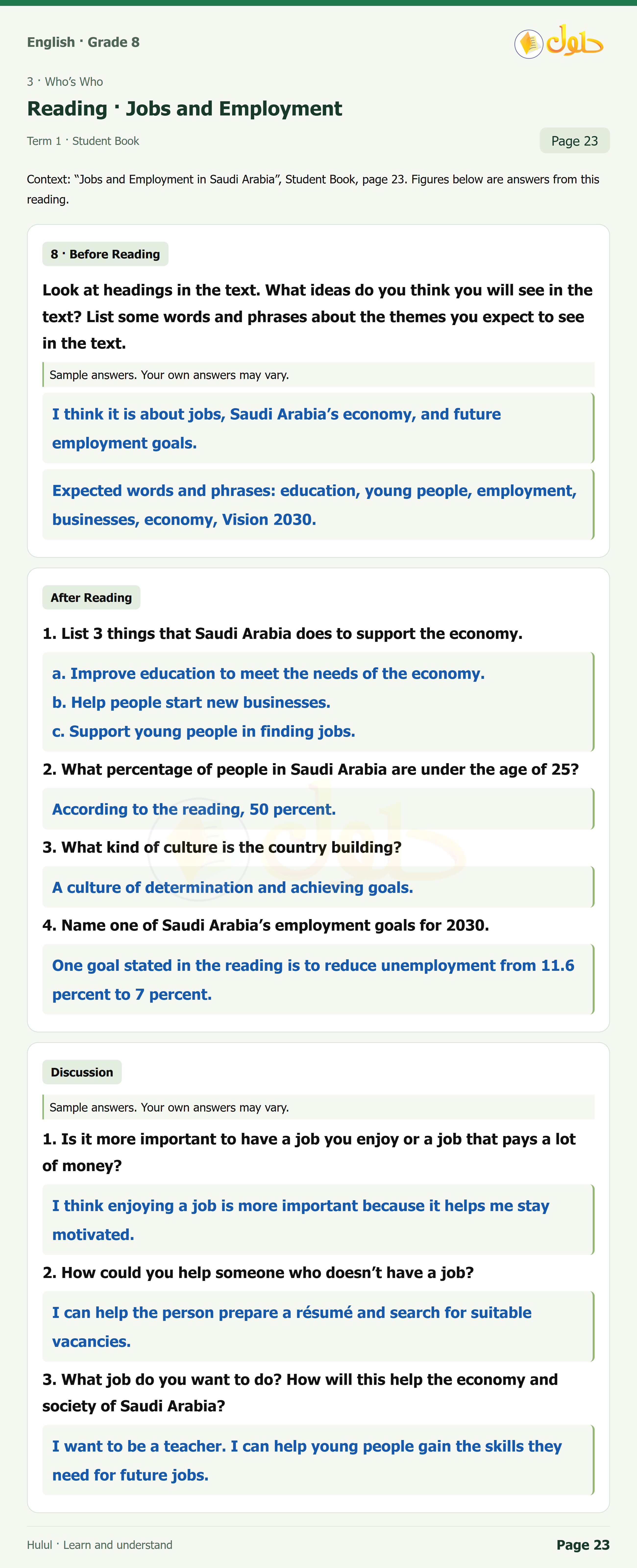 اللغة الإنجليزية للصف الثاني المتوسط، صفحة 23، الجزء 1: After Reading