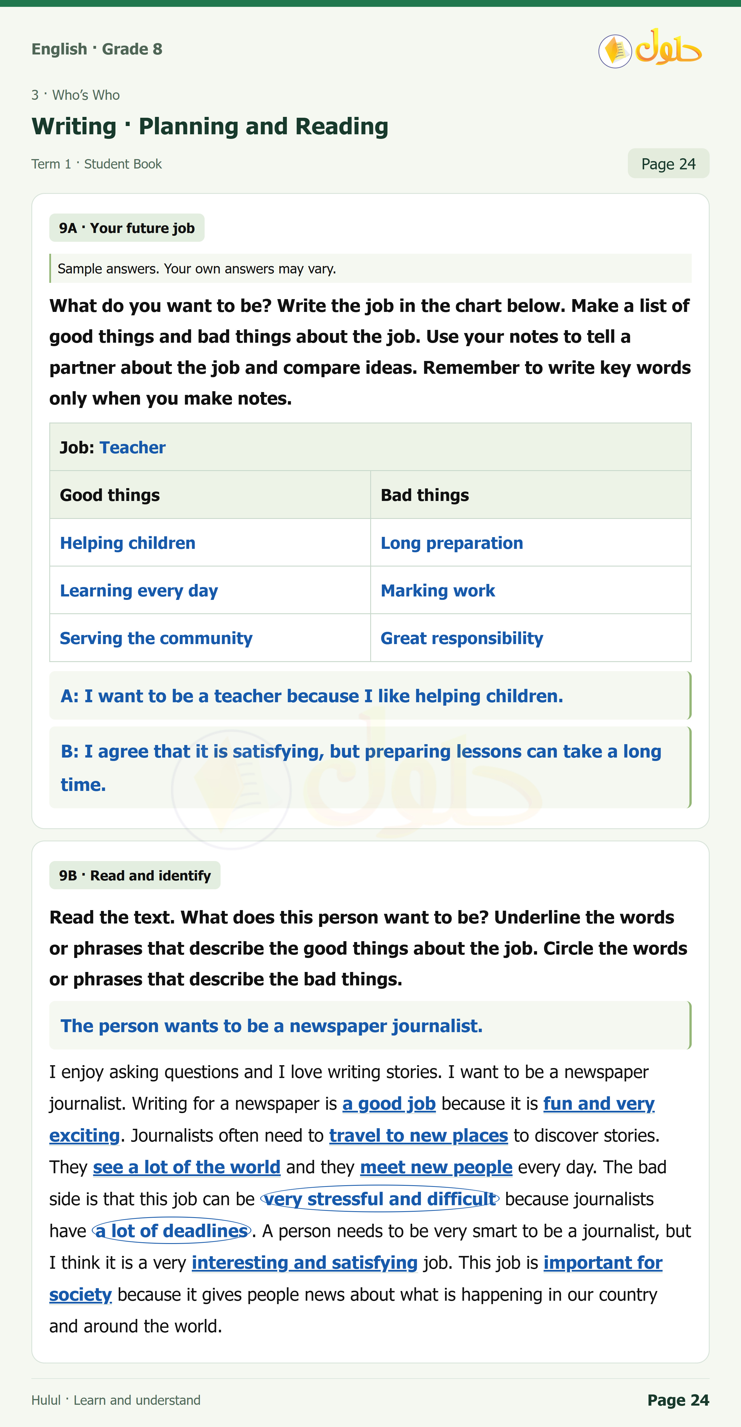 اللغة الإنجليزية للصف الثاني المتوسط، صفحة 24، الجزء 1: Writing — Corner | What do you want to be? Write the job in the chart below. Make a list of good things and | Read the text. What does this person want to be? Underline the words or phrases that