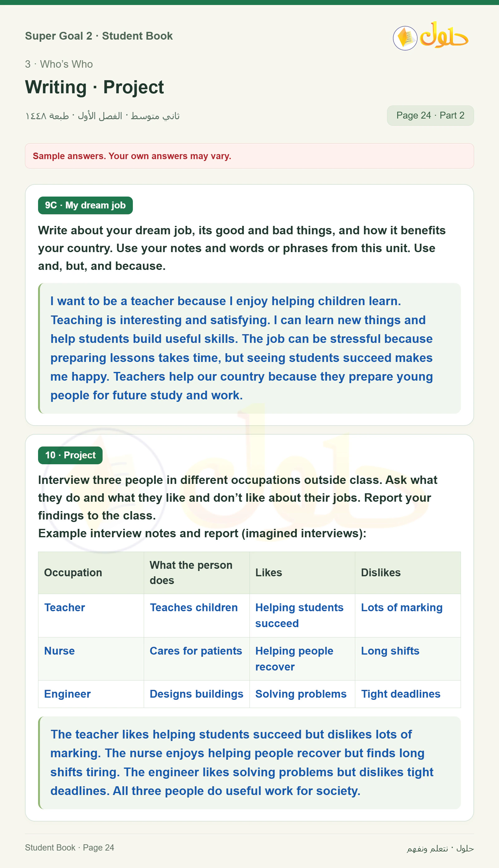 اللغة الإنجليزية للصف الثاني المتوسط، صفحة 24، الجزء 2: Writing — Corner | What do you want to be? Write the job in the chart below. Make a list of good things and | Read the text. What does this person want to be? Underline the words or phrases that