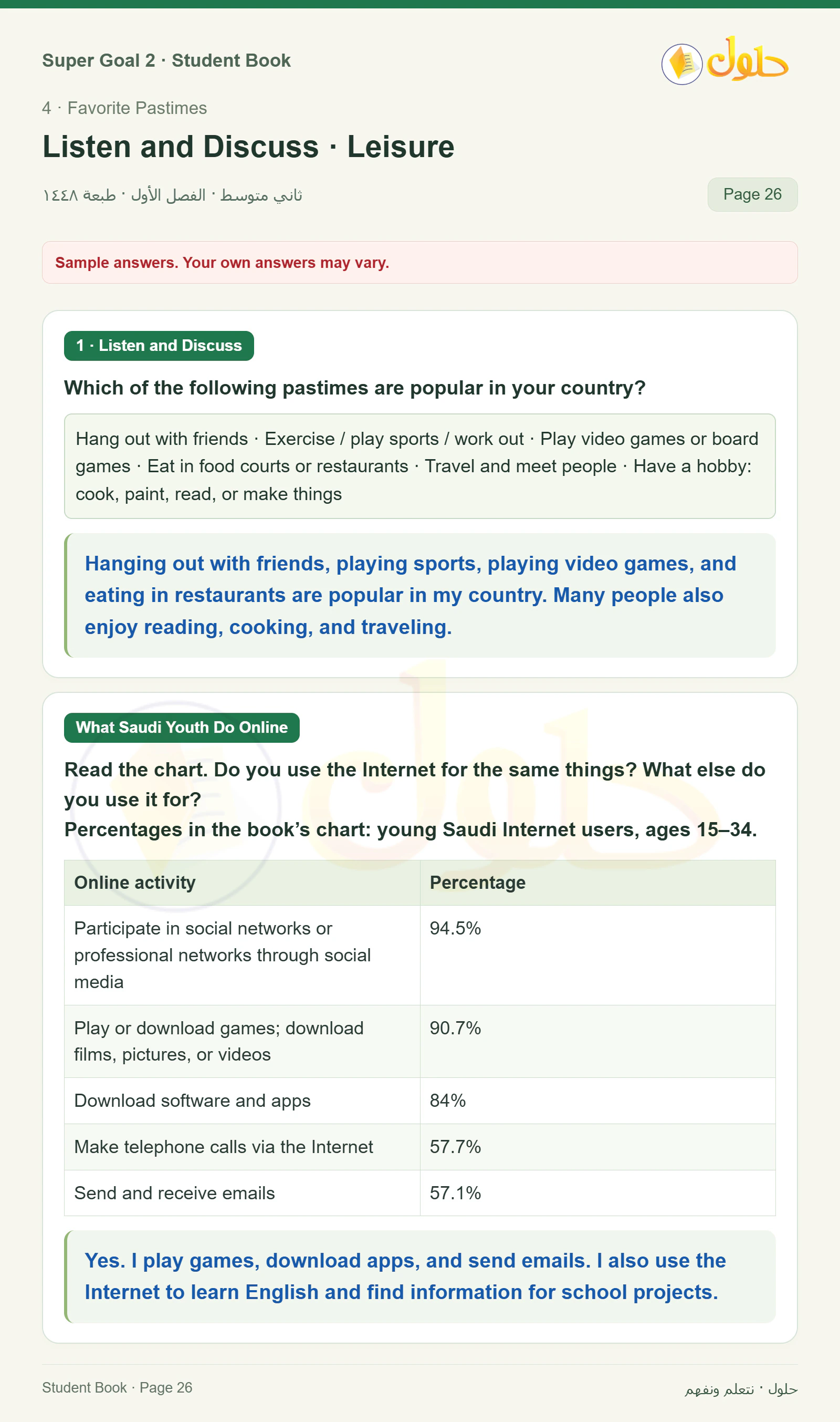اللغة الإنجليزية للصف الثاني المتوسط، صفحة 26، الجزء 1: 26 1 Listen and Discuss Which of the following pastimes are popular in your country?