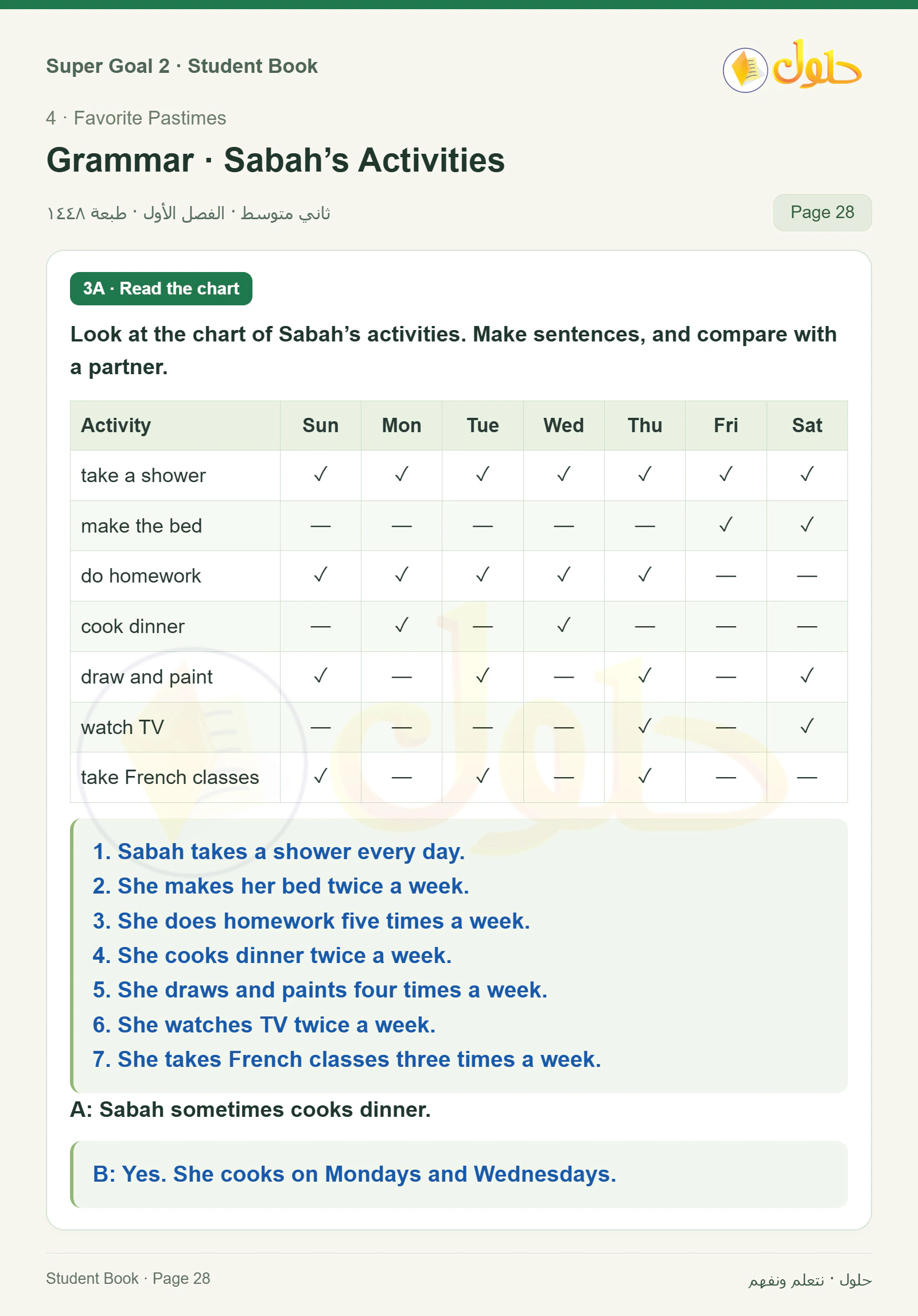 اللغة الإنجليزية للصف الثاني المتوسط، صفحة 28، الجزء 1: B — Ask and answer questions about Sabah. | Write about your usual activities. Then compare with your classmates.