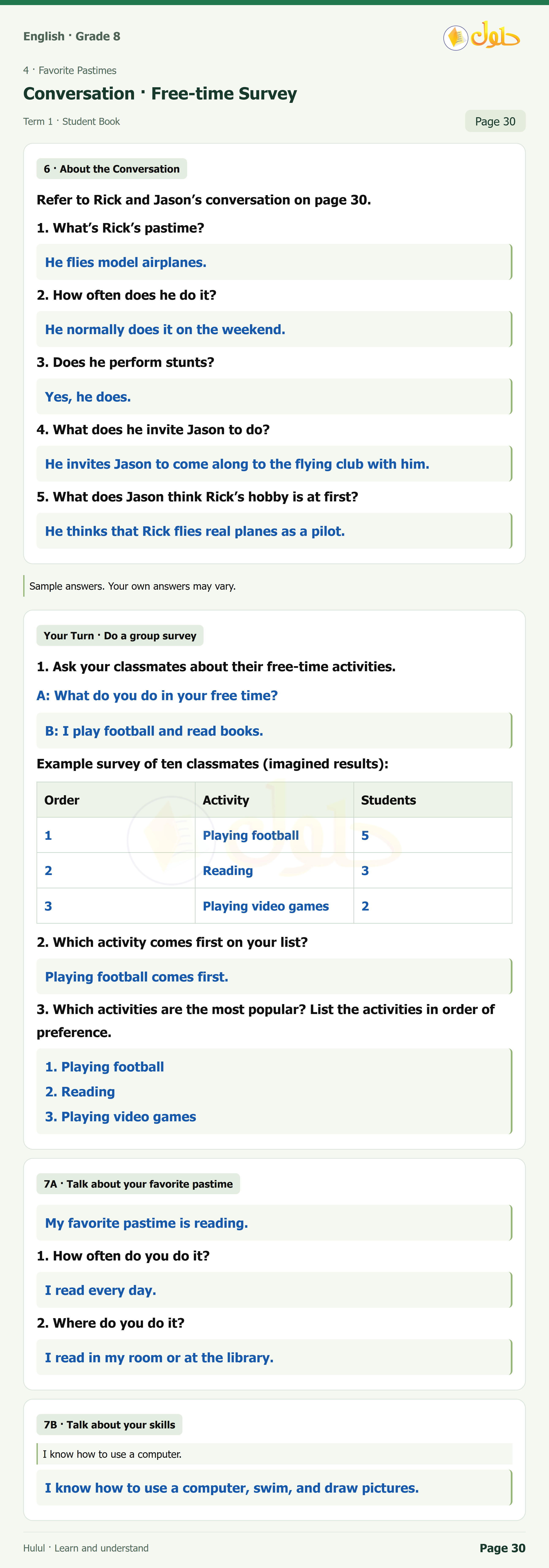 اللغة الإنجليزية للصف الثاني المتوسط، صفحة 30، الجزء 1: About the Conversation | Your Turn survey | About You