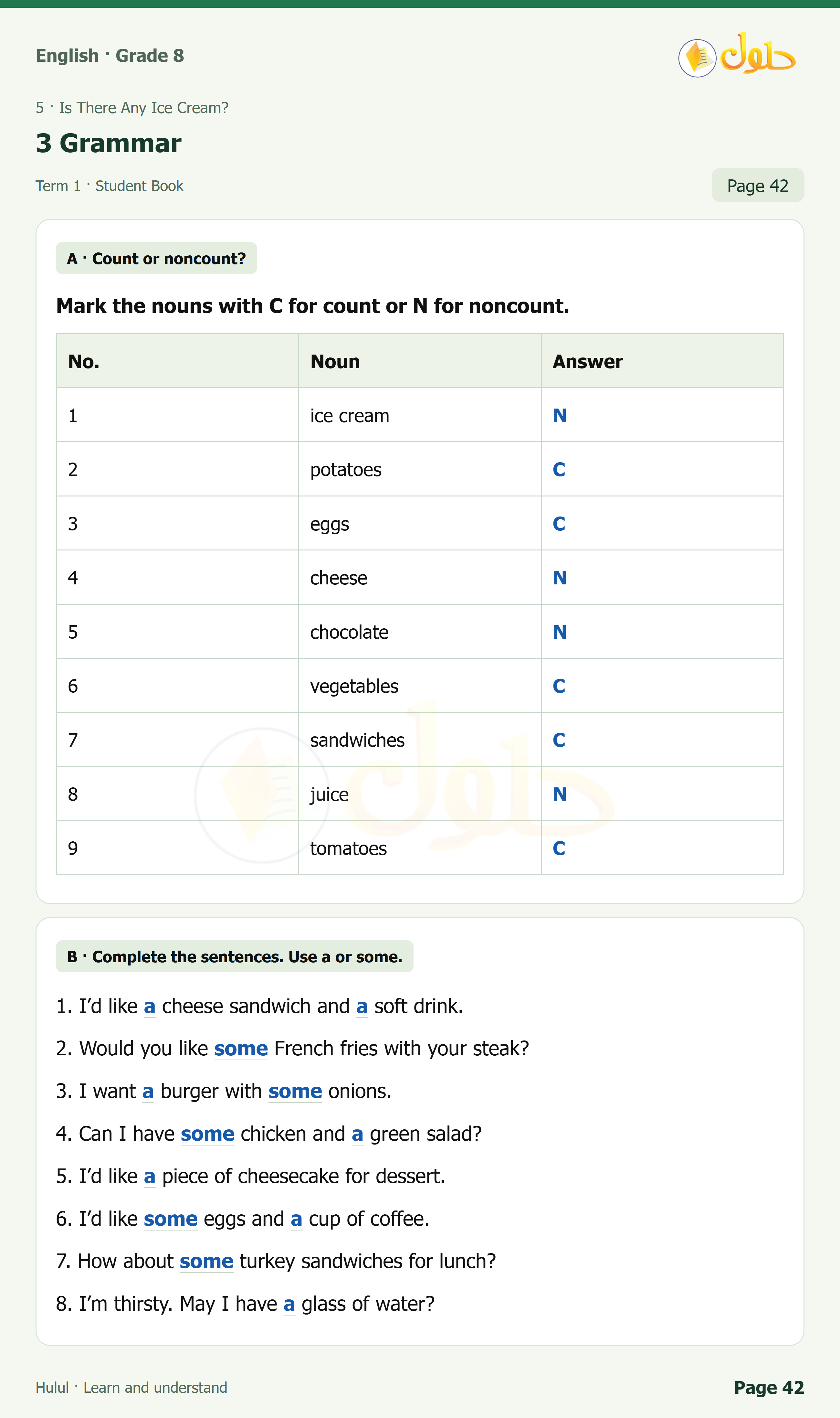 اللغة الإنجليزية للصف الثاني المتوسط، صفحة 42، الجزء 1: Count/noncount nouns | Complete with a or some