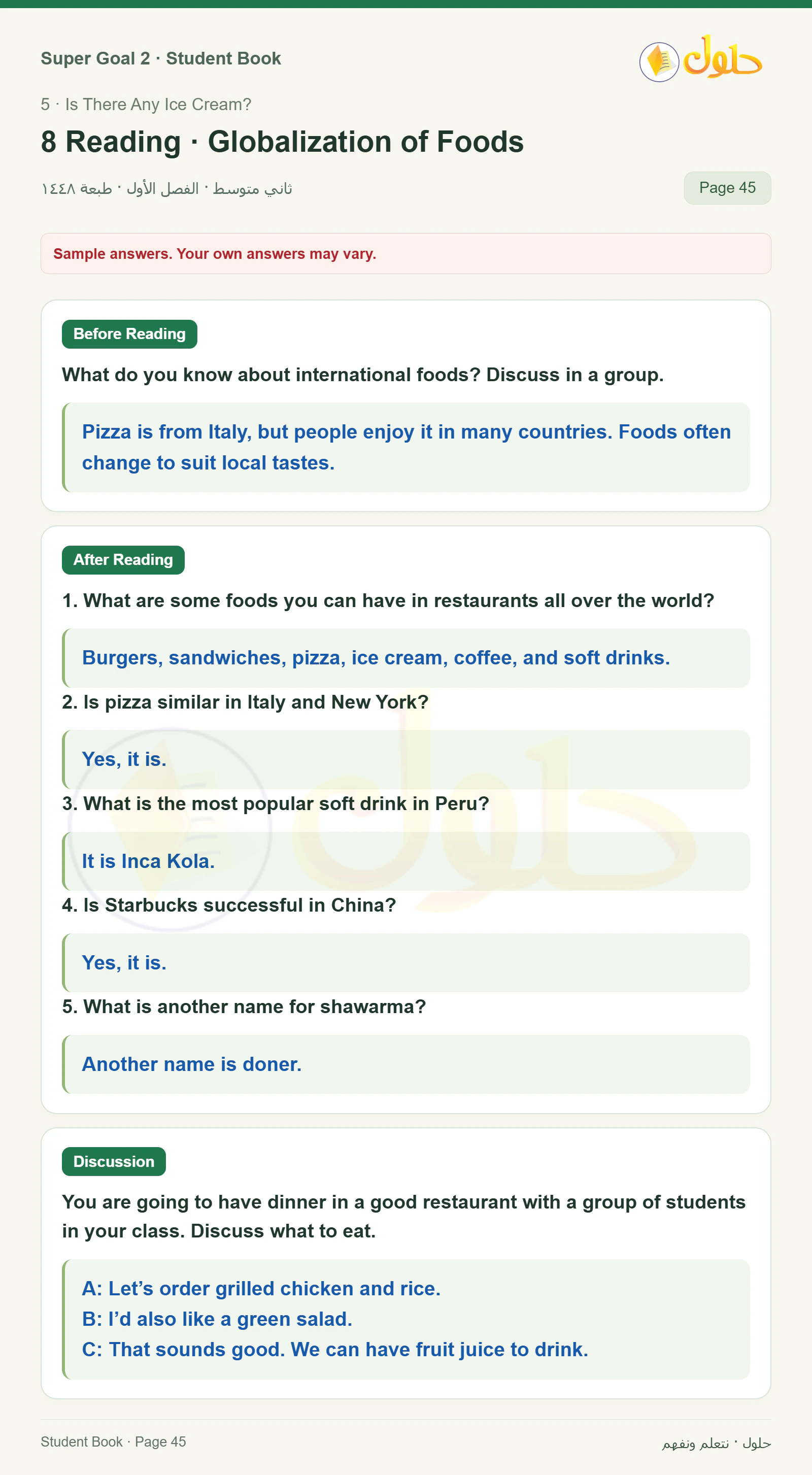 اللغة الإنجليزية للصف الثاني المتوسط، صفحة 45، الجزء 1: Globalization of Foods — Before Reading, After Reading, Discussion