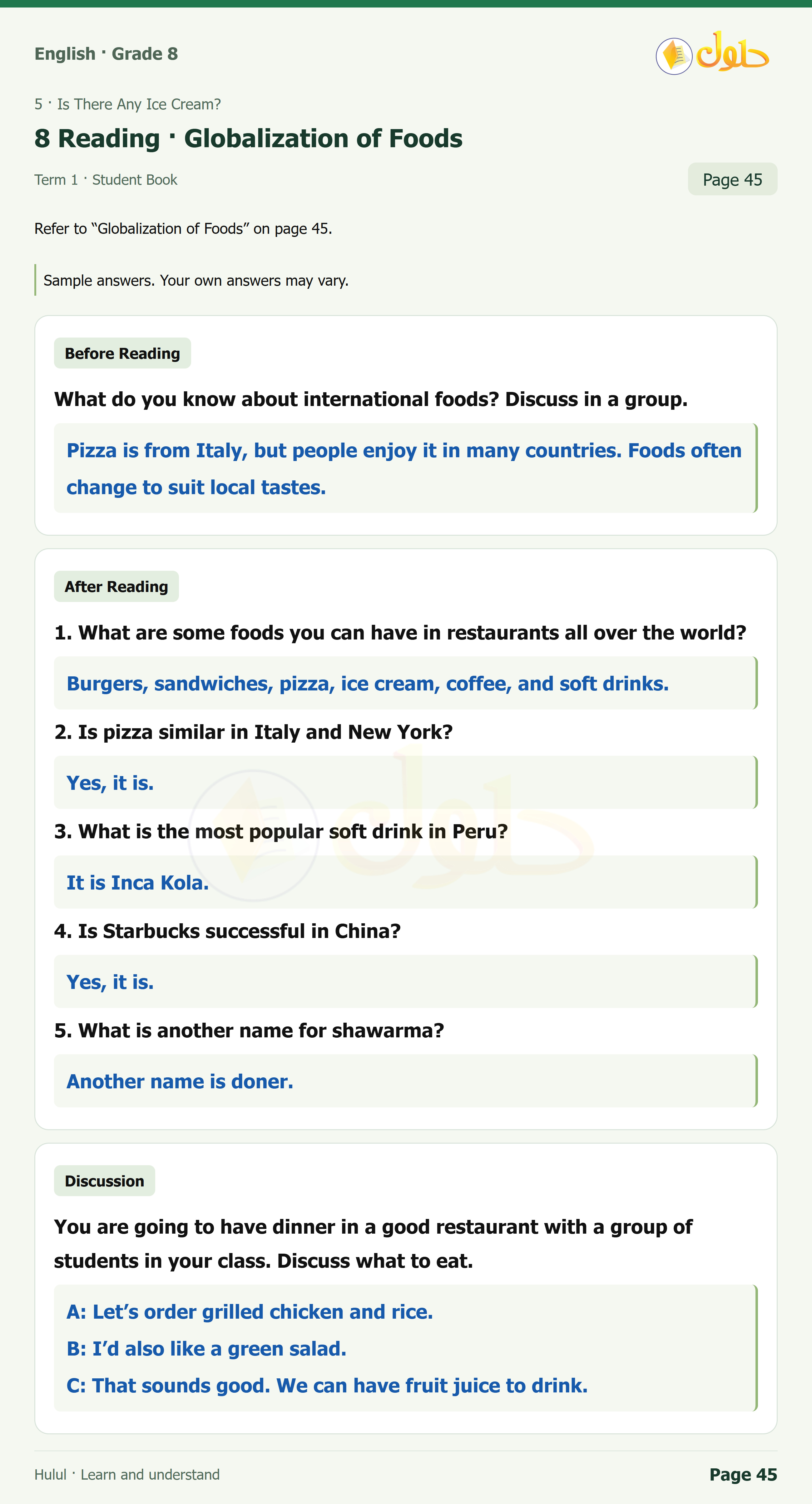 اللغة الإنجليزية للصف الثاني المتوسط، صفحة 45، الجزء 1: Globalization of Foods — Before Reading, After Reading, Discussion