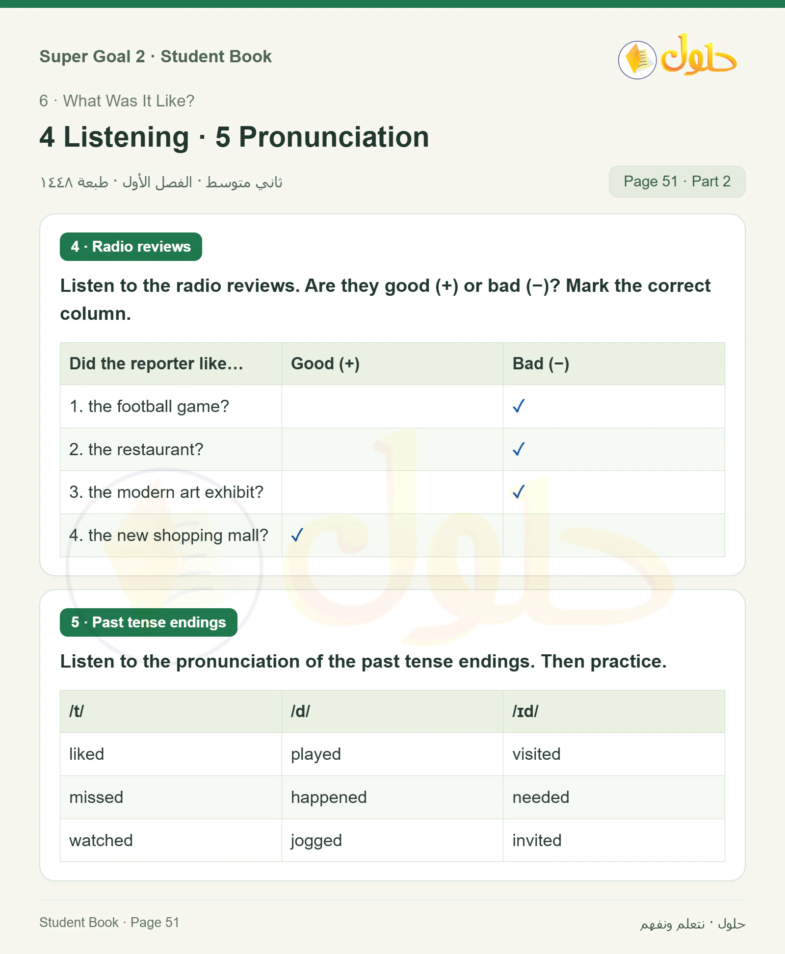 اللغة الإنجليزية للصف الثاني المتوسط، صفحة 51، الجزء 2: Past tense B and C | Radio reviews listening