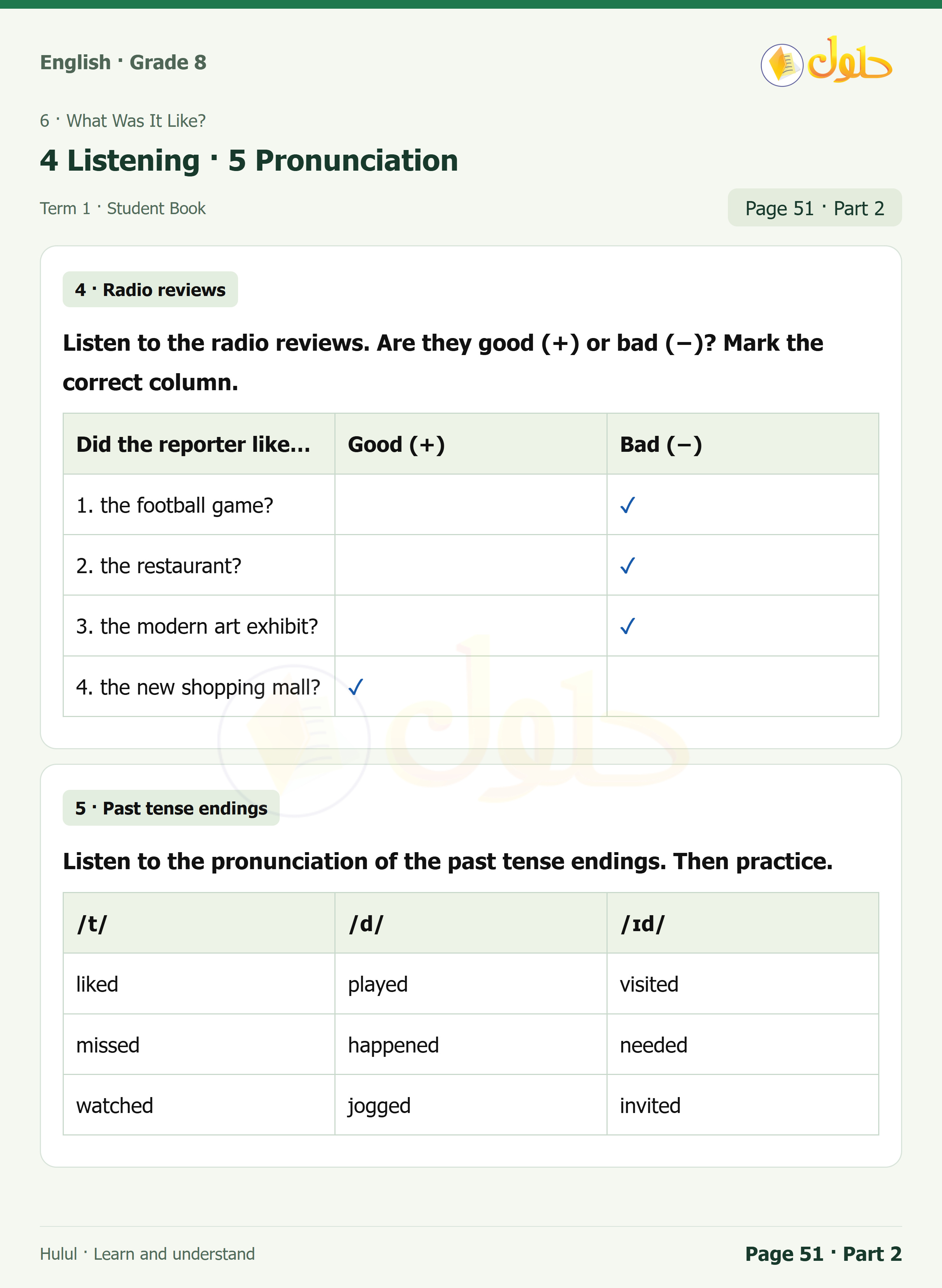 اللغة الإنجليزية للصف الثاني المتوسط، صفحة 51، الجزء 2: Past tense B and C | Radio reviews listening