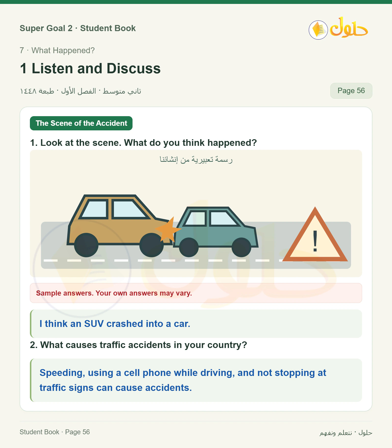 اللغة الإنجليزية للصف الثاني المتوسط، صفحة 56، الجزء 1: What happened? | What causes traffic accidents?