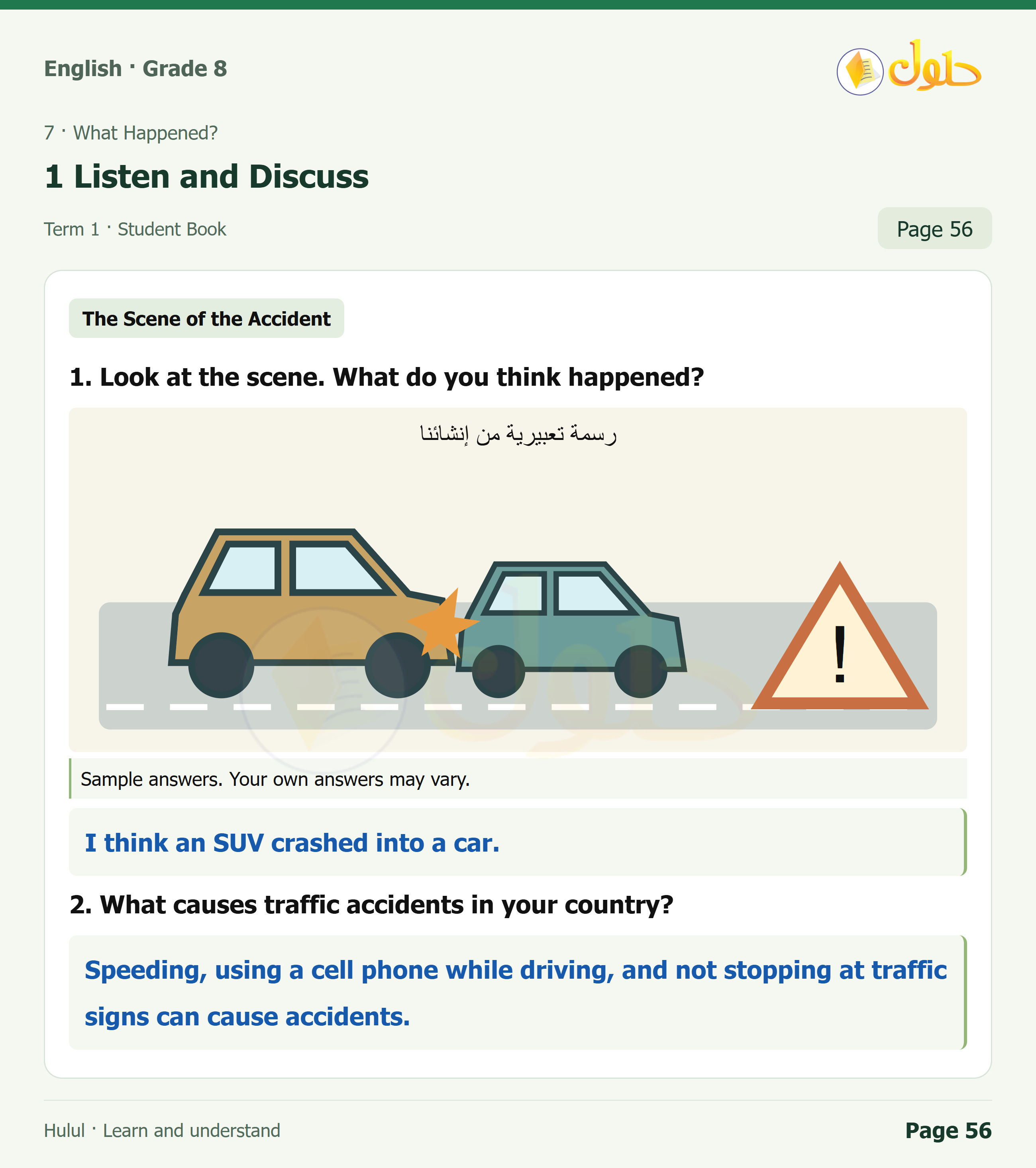 اللغة الإنجليزية للصف الثاني المتوسط، صفحة 56، الجزء 1: What happened? | What causes traffic accidents?