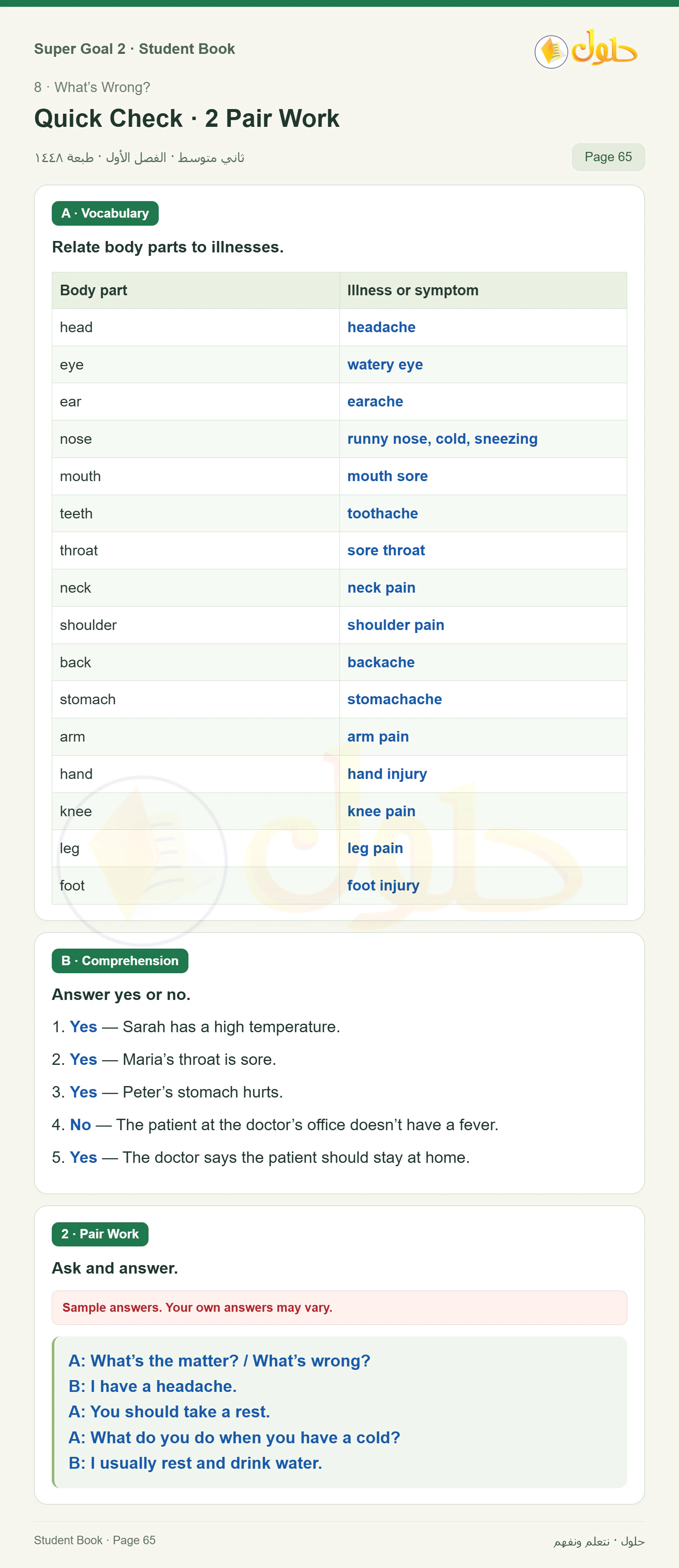 اللغة الإنجليزية للصف الثاني المتوسط، صفحة 65، الجزء 1: Vocabulary | Comprehension | Pair Work