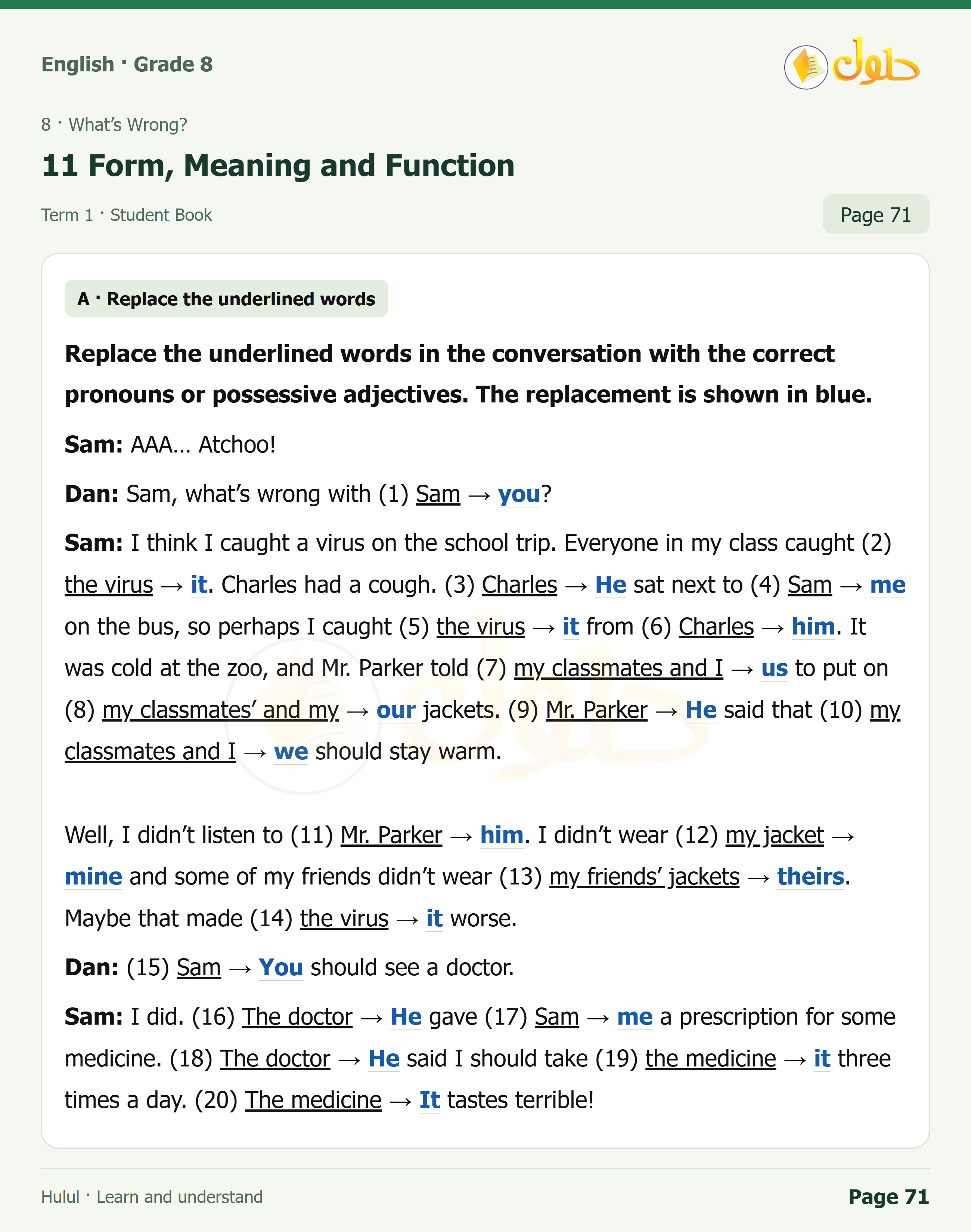 اللغة الإنجليزية للصف الثاني المتوسط، صفحة 71، الجزء 1: Replace the underlined words with pronouns or possessive adjectives