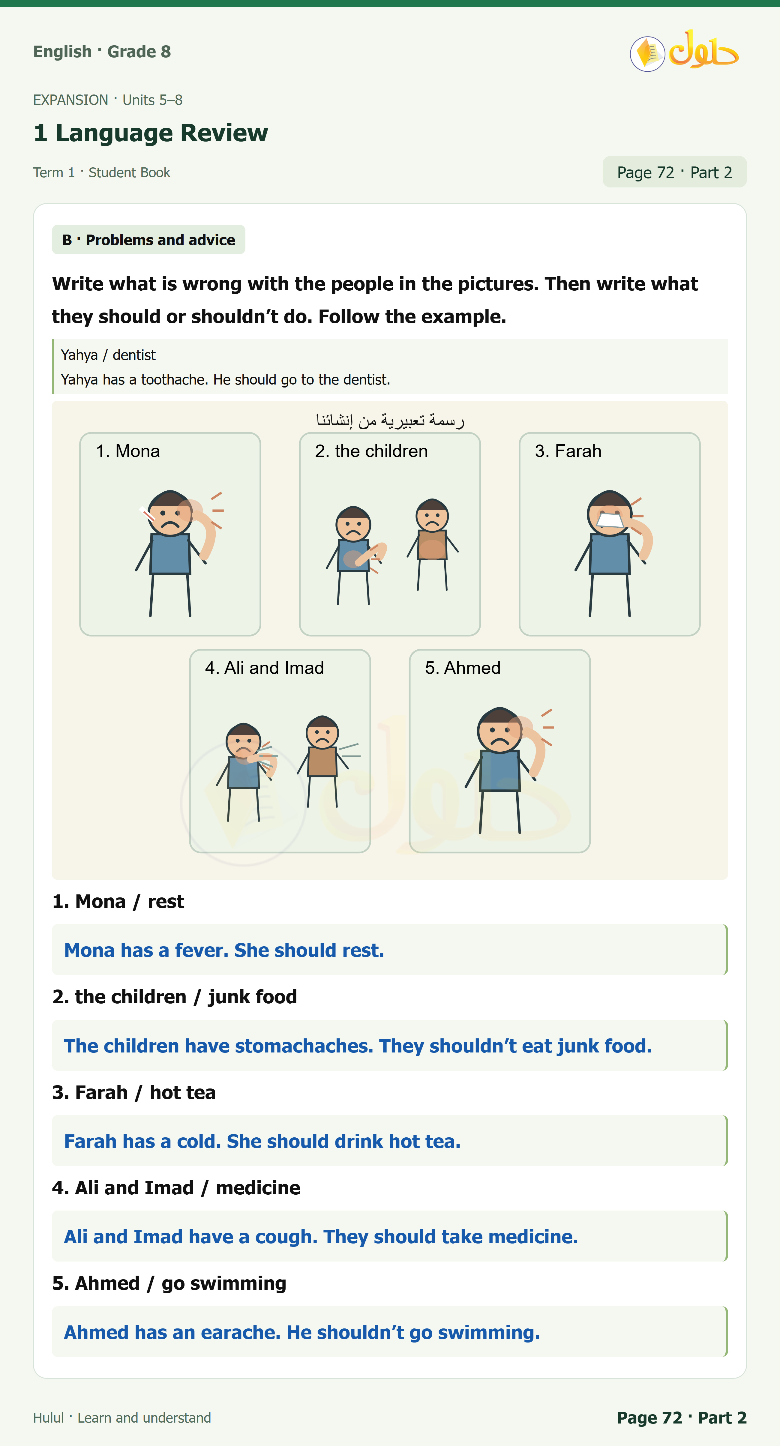 اللغة الإنجليزية للصف الثاني المتوسط، صفحة 72، الجزء 2: How good is your memory? | Write what is wrong with the people in the pictures