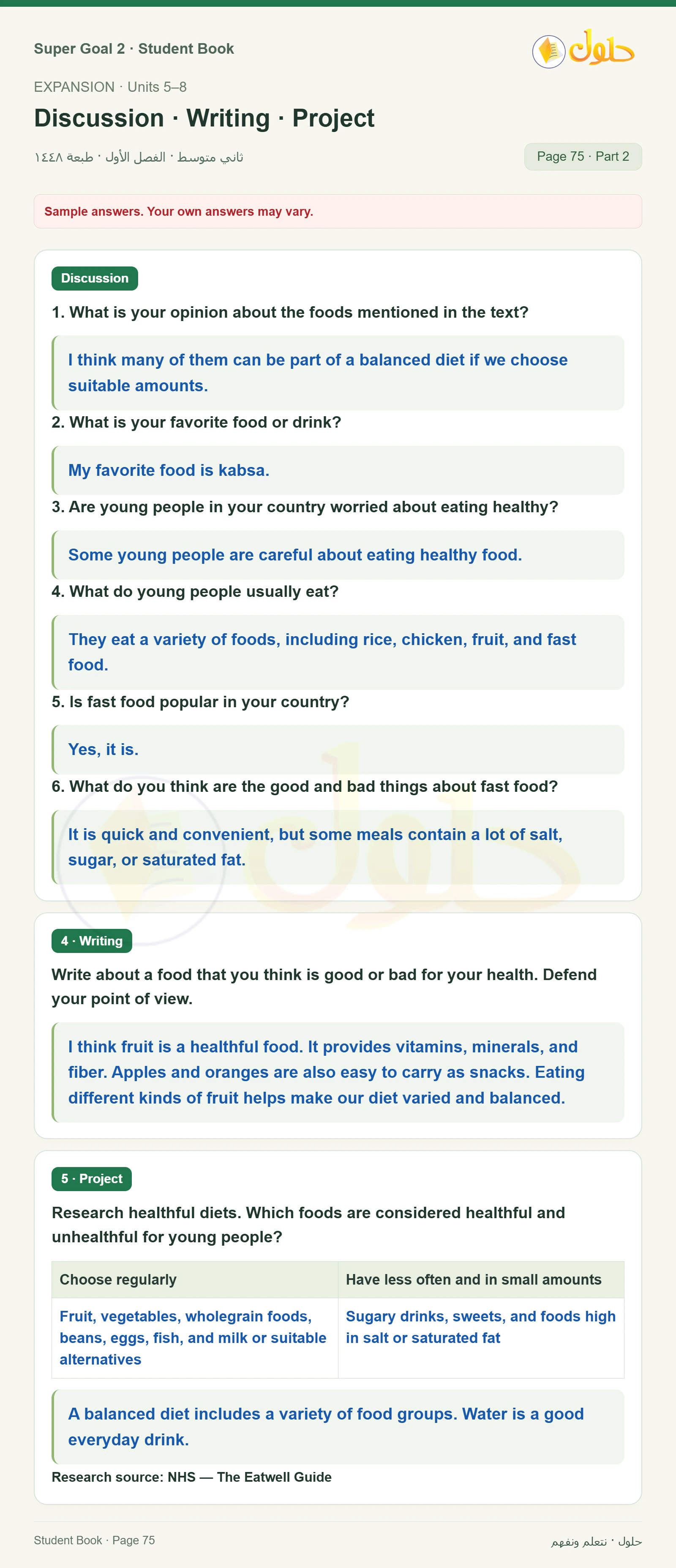 اللغة الإنجليزية للصف الثاني المتوسط، صفحة 75، الجزء 2: After Reading | Discussion | Write about a food | Research healthful diets