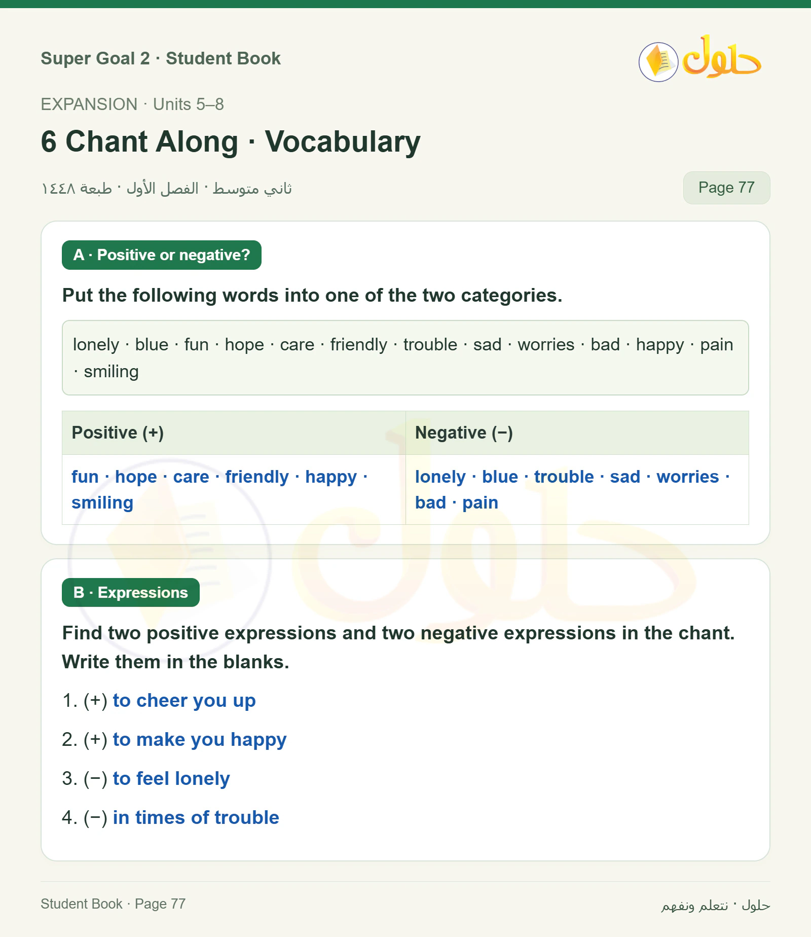 اللغة الإنجليزية للصف الثاني المتوسط، صفحة 77، الجزء 1: Vocabulary | Comprehension | Discussion about advice and feelings