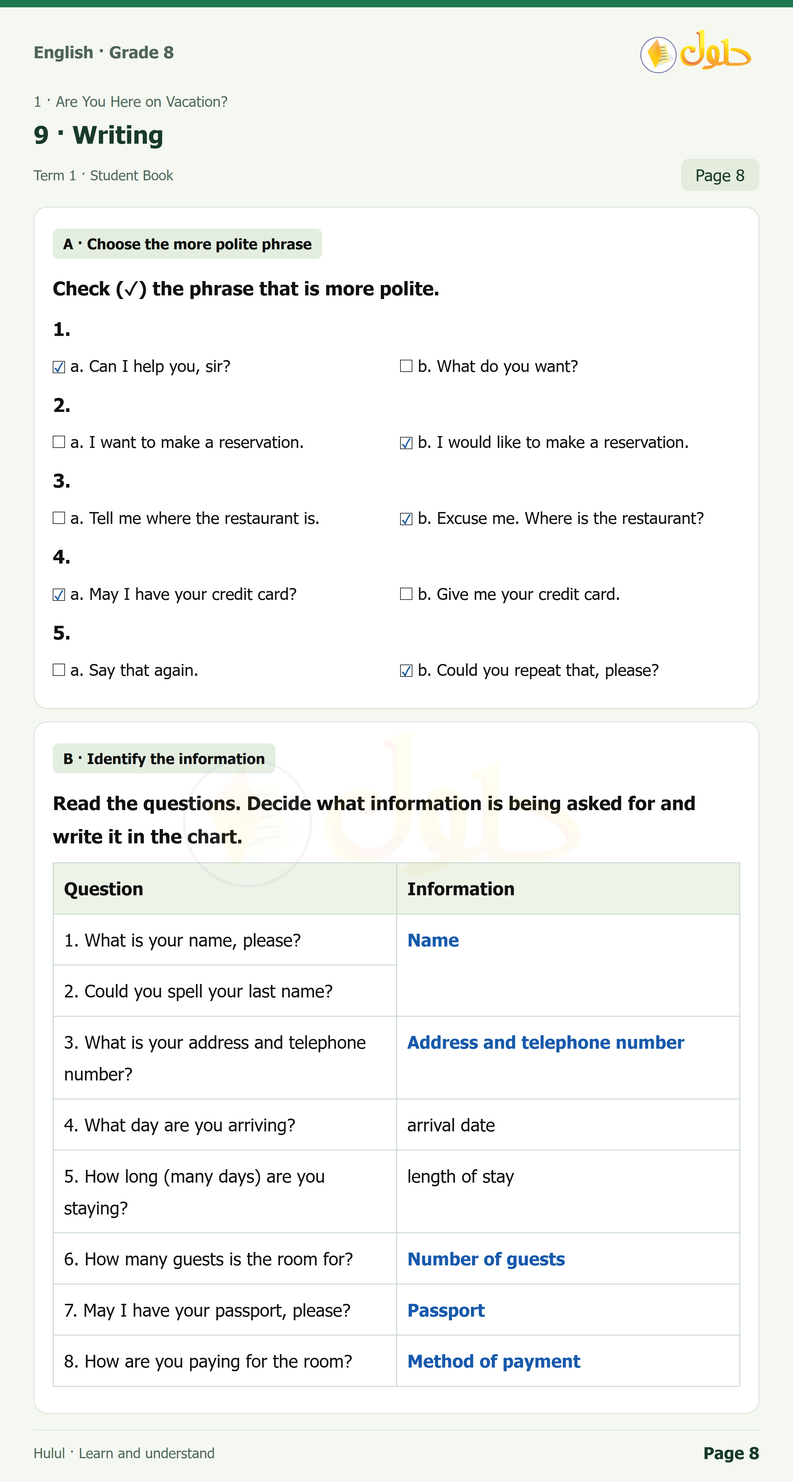 اللغة الإنجليزية للصف الثاني المتوسط، صفحة 8، الجزء 1: A — Check (Q) the phrase that is more polite. | Writing — Corner | B — Read the questions. Decide what information is being asked for and write it in the chart.