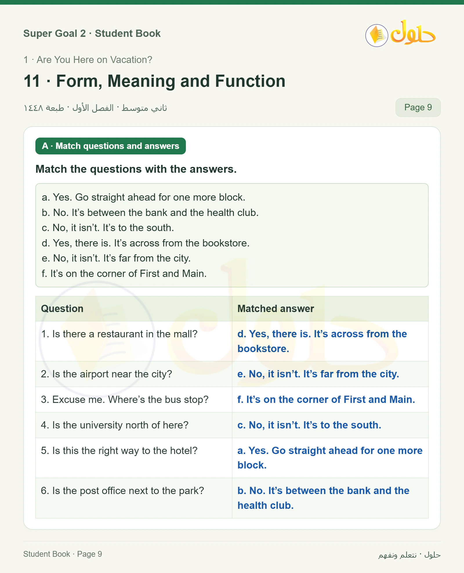 اللغة الإنجليزية للصف الثاني المتوسط، صفحة 9، الجزء 1: A — Match the questions with the answers. | Work with a partner. Describe the