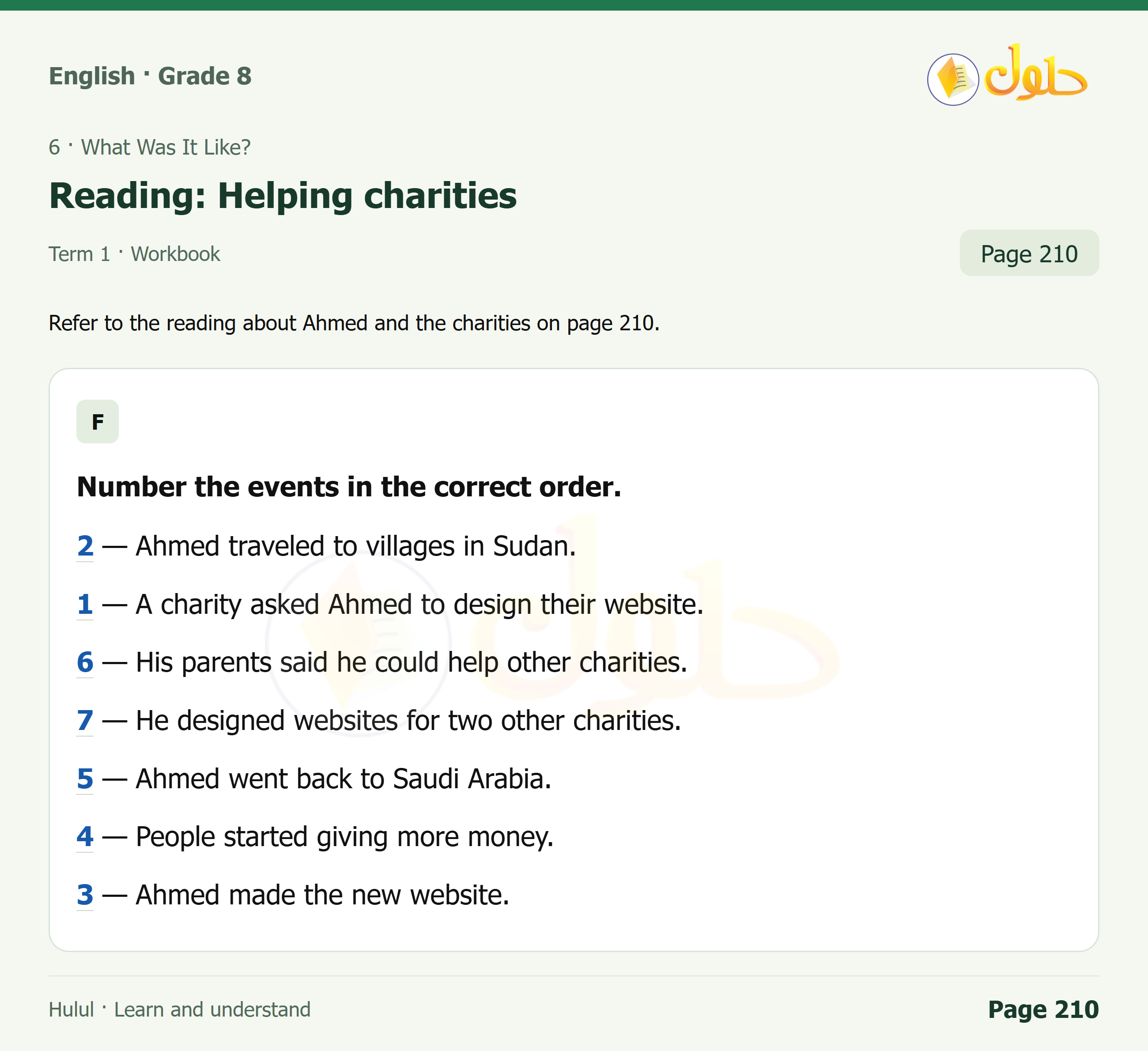اللغة الإنجليزية للصف الثاني المتوسط، صفحة 210، الجزء 1: Number the events in the correct order | Write about an exhibit you saw or an event you went to