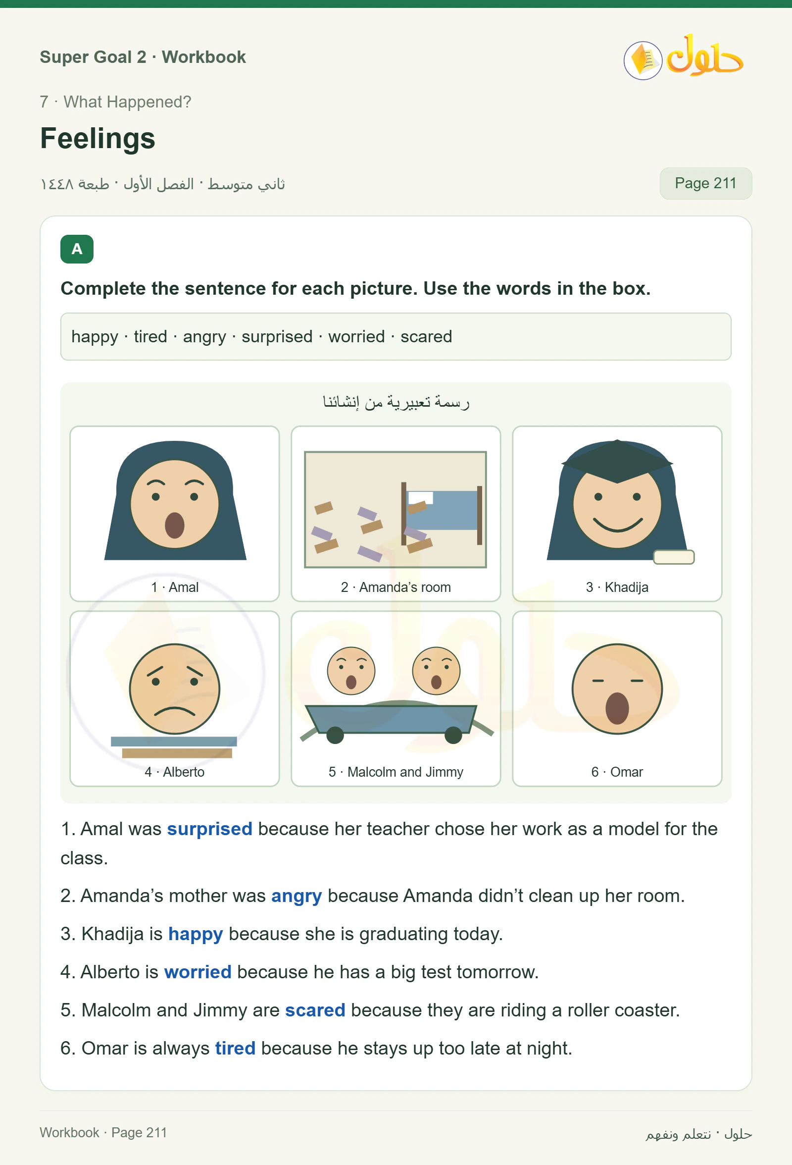 اللغة الإنجليزية للصف الثاني المتوسط، صفحة 211، الجزء 1: Complete the sentence for each photo