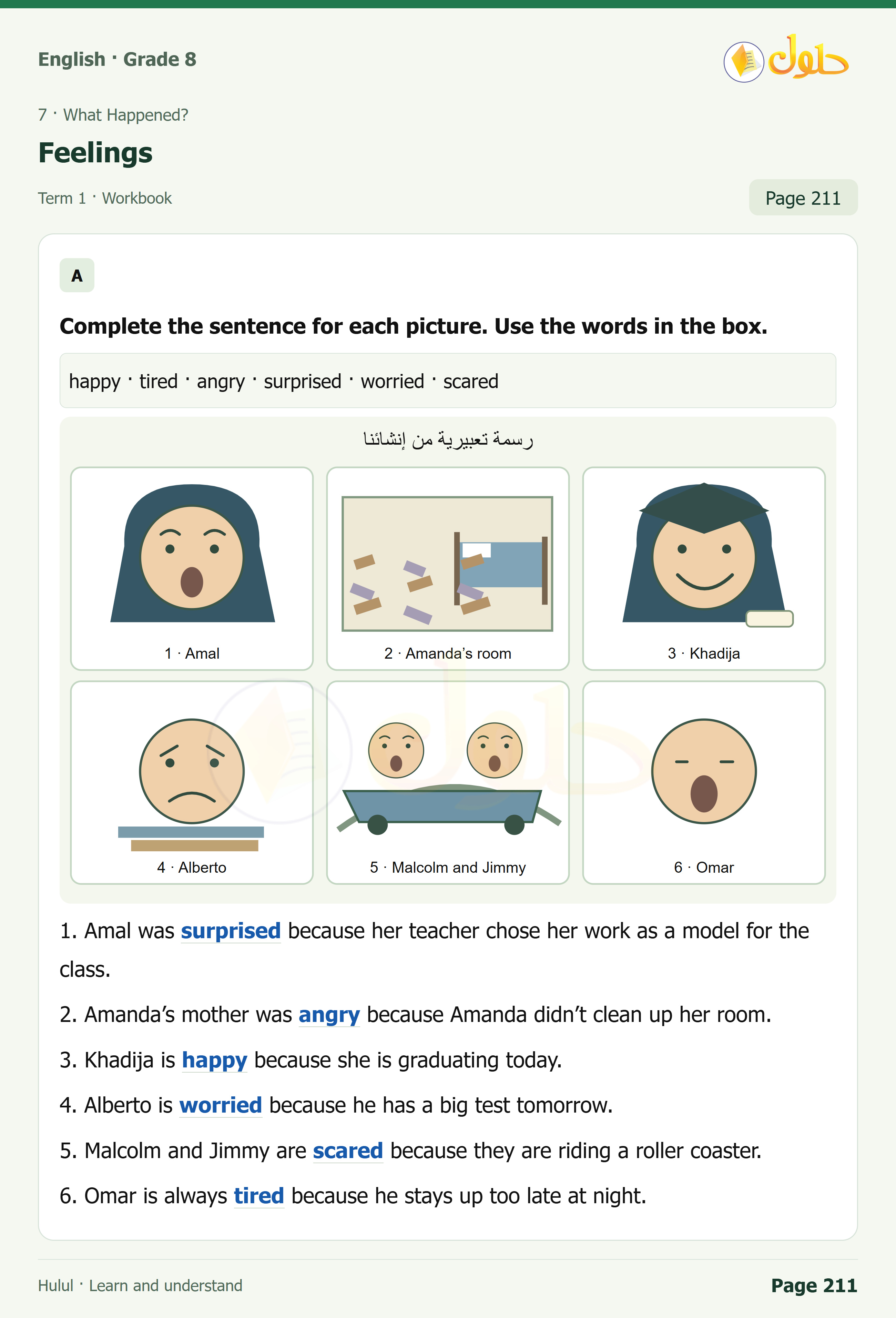 اللغة الإنجليزية للصف الثاني المتوسط، صفحة 211، الجزء 1: Complete the sentence for each photo