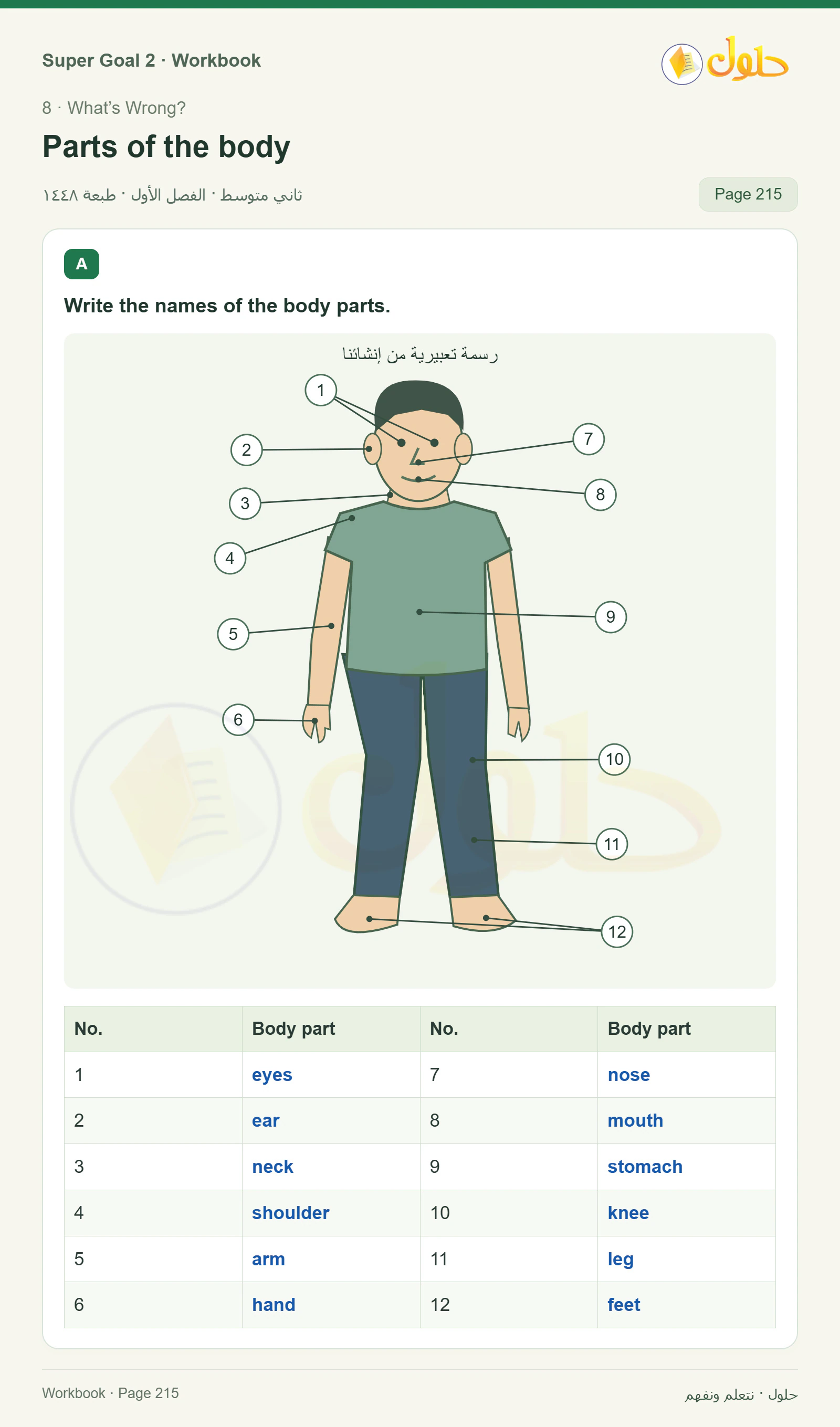 اللغة الإنجليزية للصف الثاني المتوسط، صفحة 215، الجزء 1: Write the names of the body parts