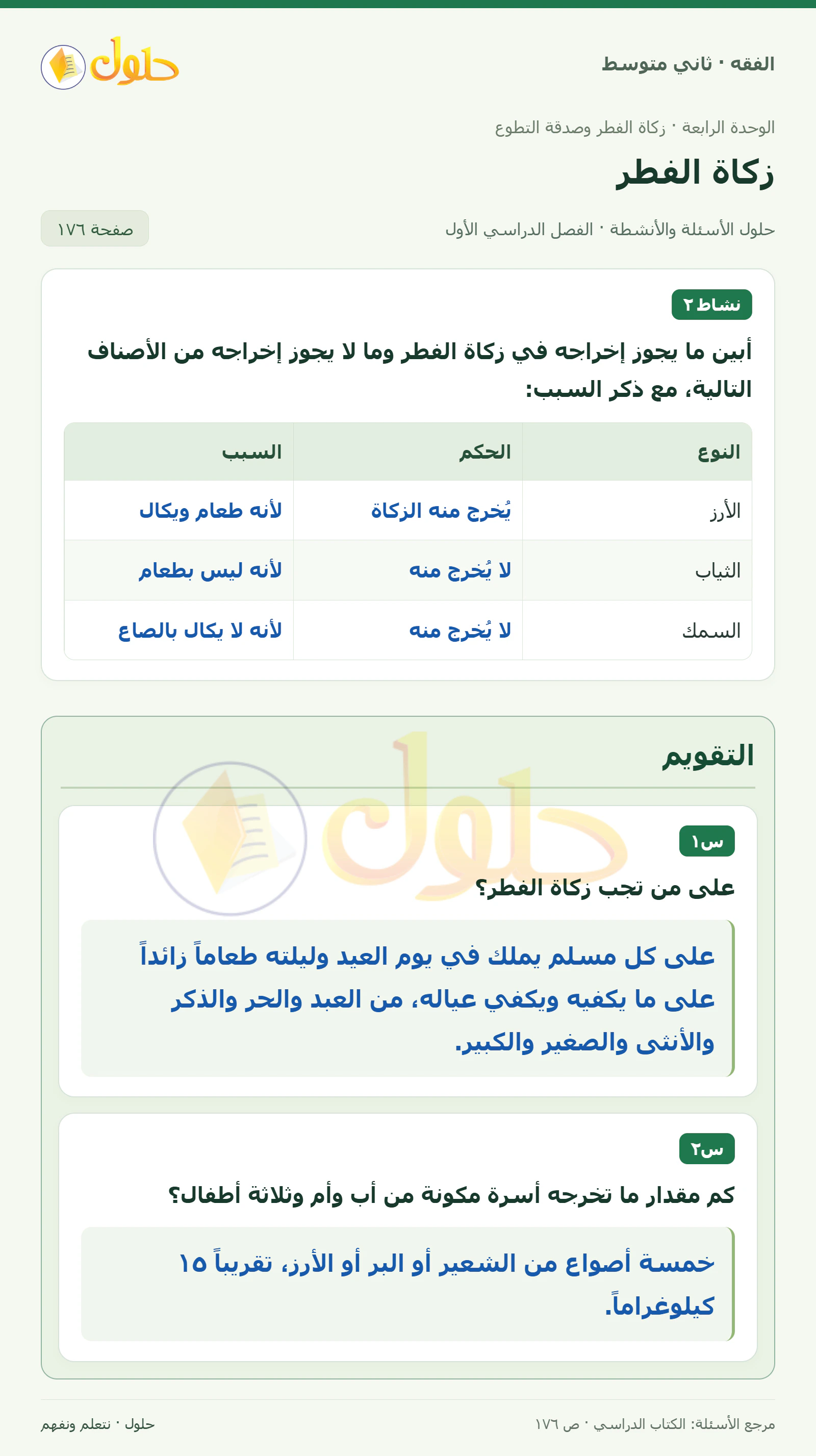 حل فقه ثاني متوسط، الفصل الدراسي الأول، صفحة ١٧٦، الجزء ١