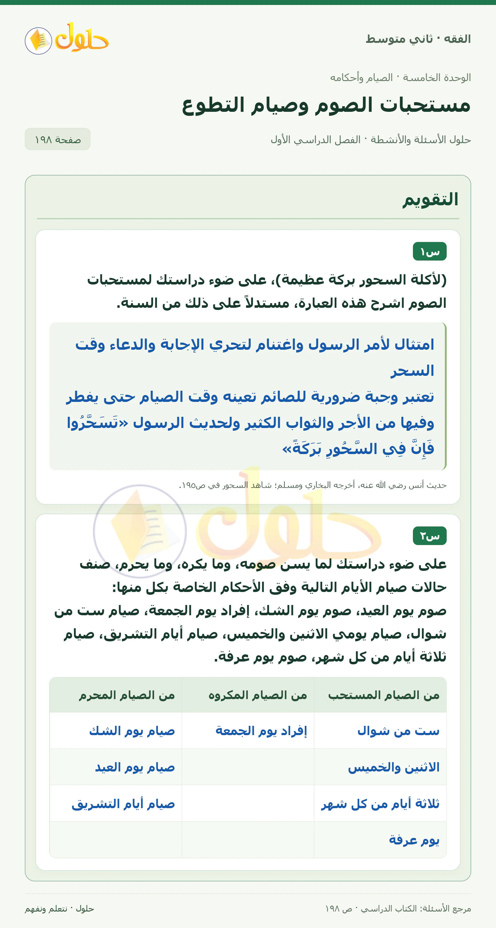 حل فقه ثاني متوسط، الفصل الدراسي الأول، صفحة ١٩٨، الجزء ١