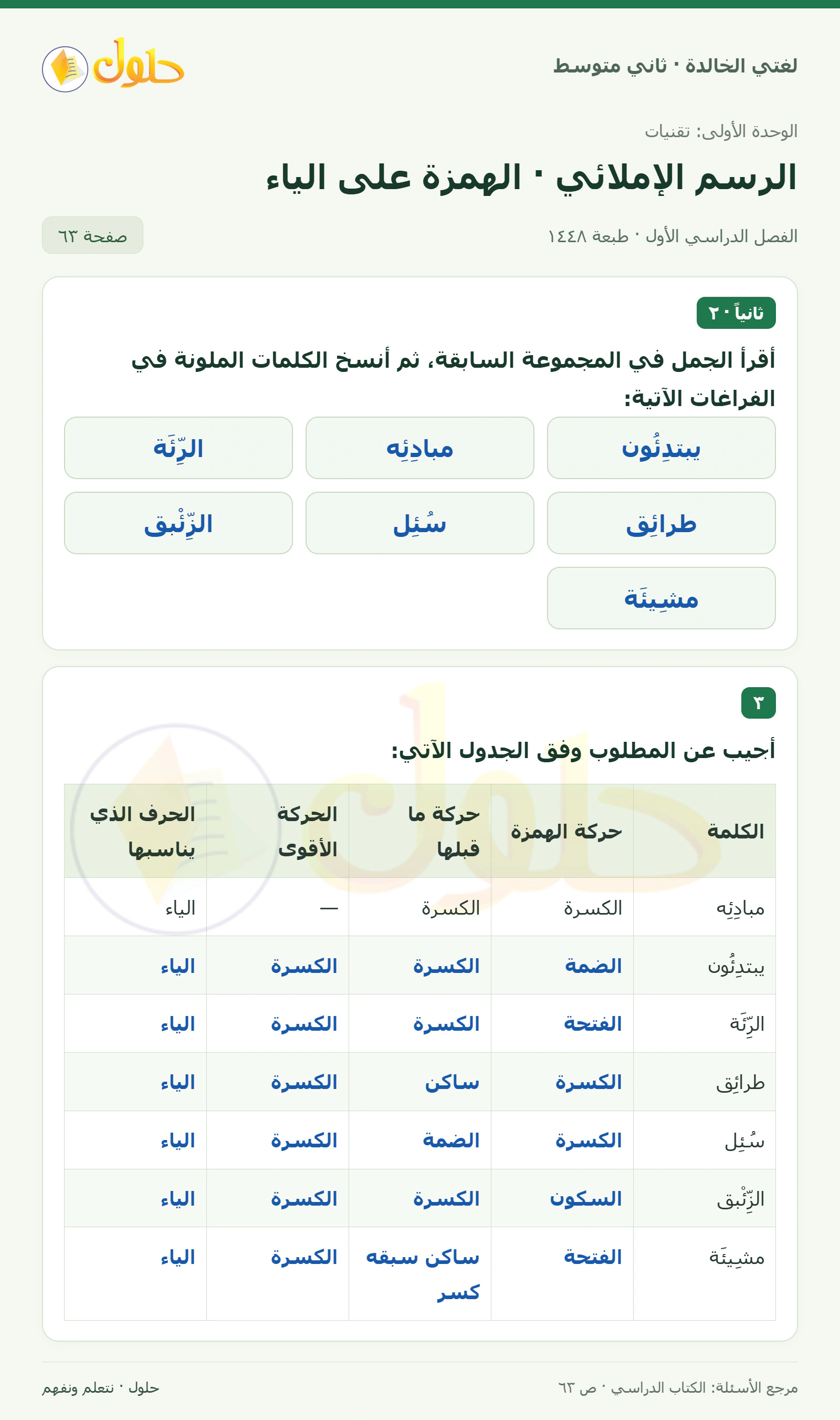 حل لغتي الخالدة للصف الثاني المتوسط صفحة 63